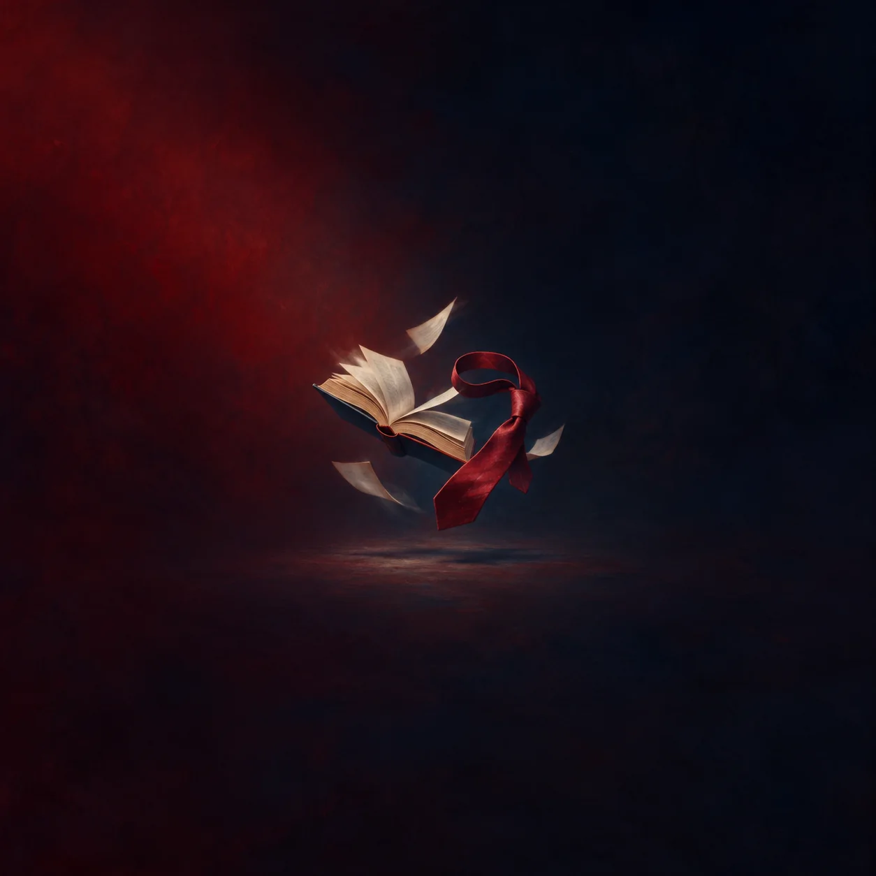 An open book, loose pages and a red necktie float together against a dark blue and crimson background.