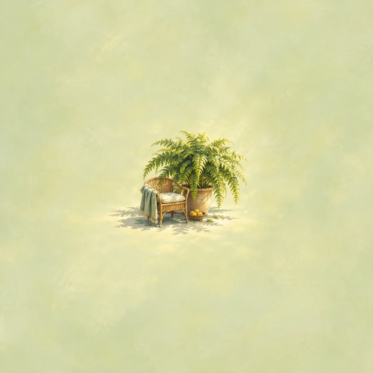 A small wicker chair sits in the shade of a large potted fern, with yellow fruit beside it.