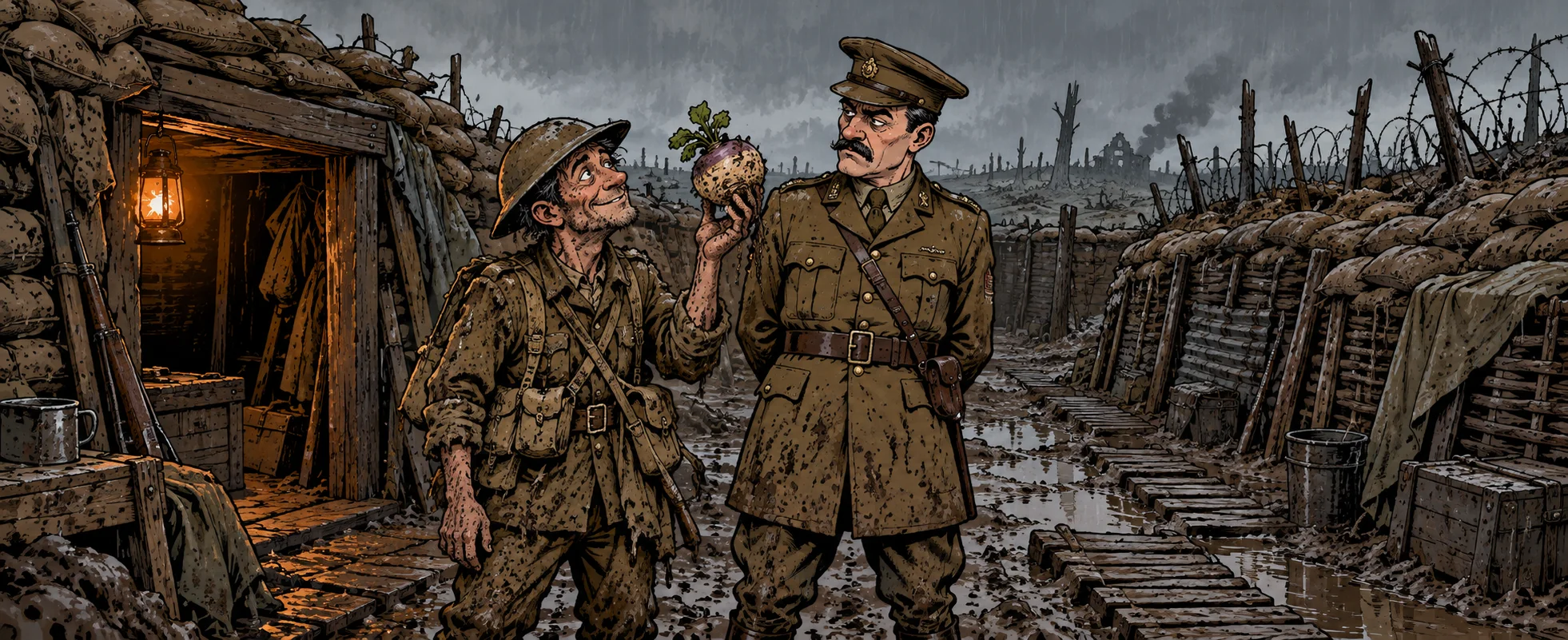 In a muddy First World War trench, a grinning private in a tin helmet holds up a turnip to a moustached officer who looks at him with disdain.