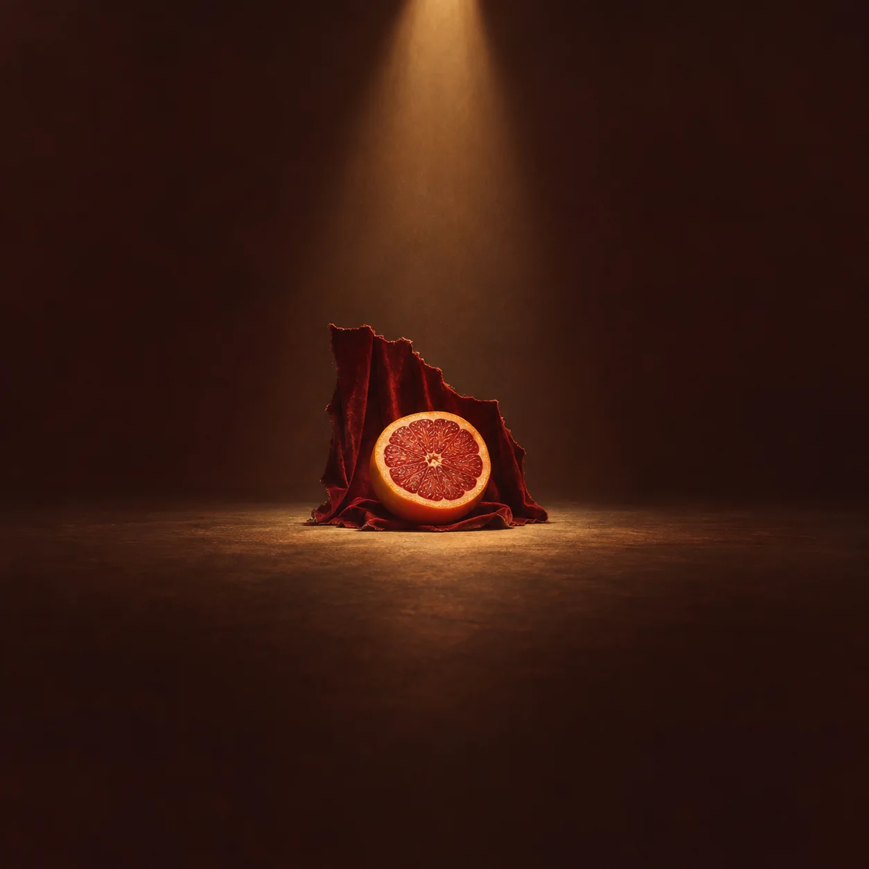Painterly grapefruit half propped against red velvet beneath a warm spotlight.