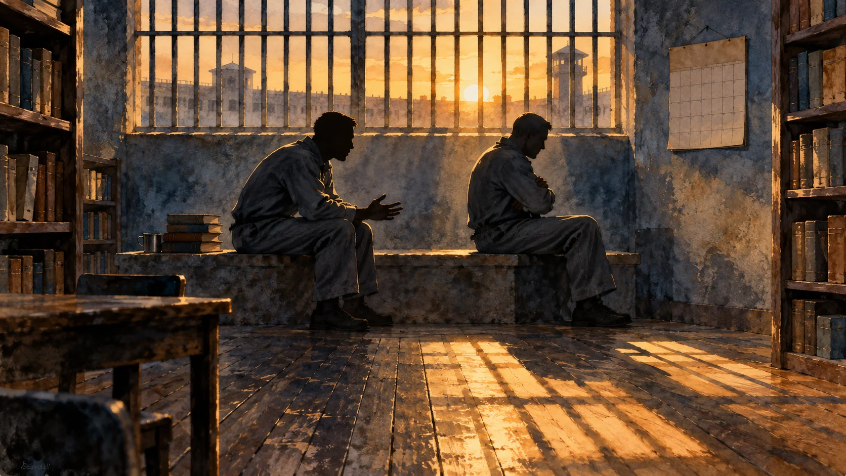 Two prisoners sit on a bench beneath a barred window in a prison library, late sunlight striping the wooden floor.