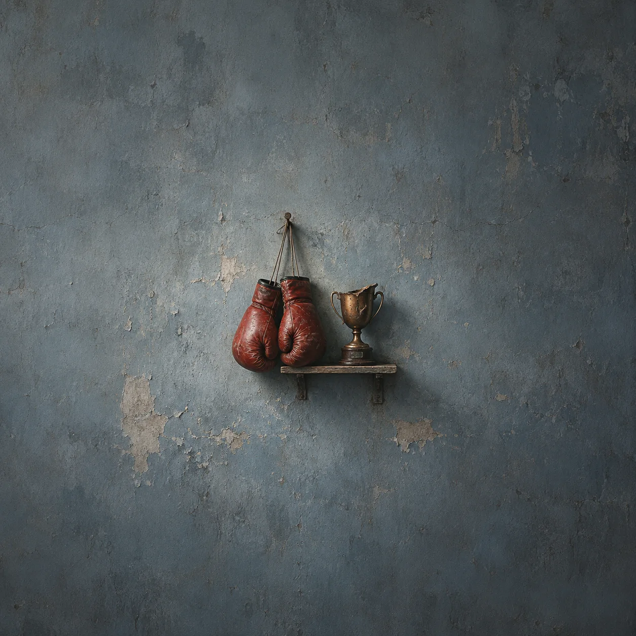 Worn red boxing gloves hang beside a tarnished trophy on a small shelf against a weathered blue-grey wall.