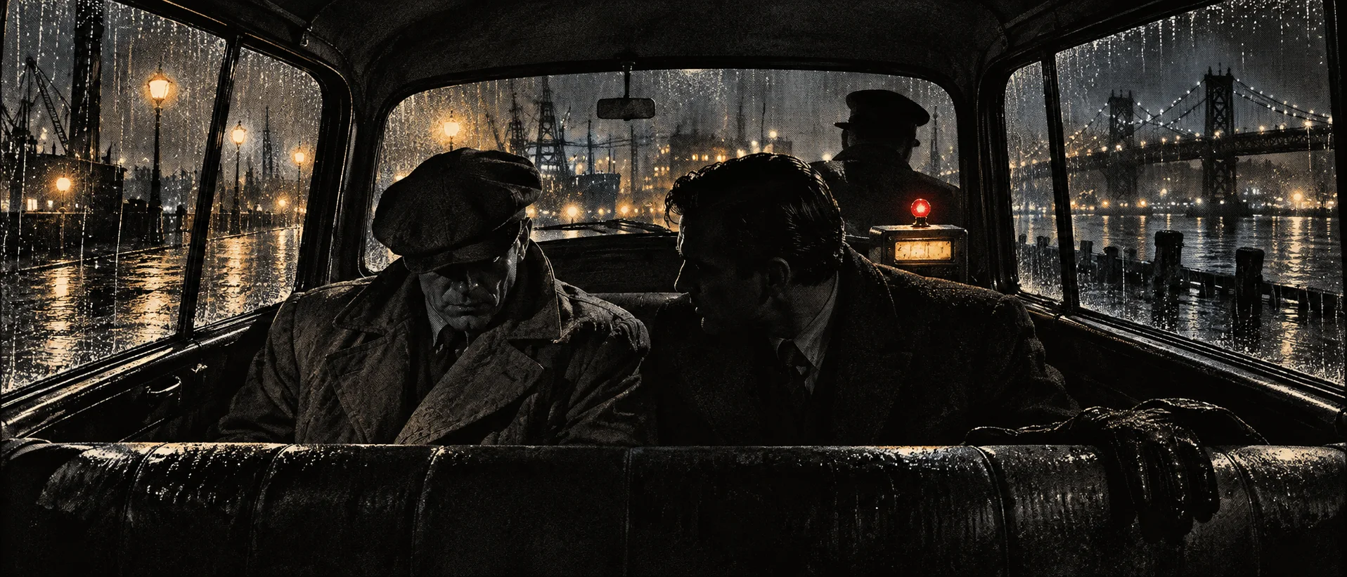 Two men sit in the dark back seat of a taxi on a rainy night, harbour lights and a bridge blurred beyond the streaked windows.