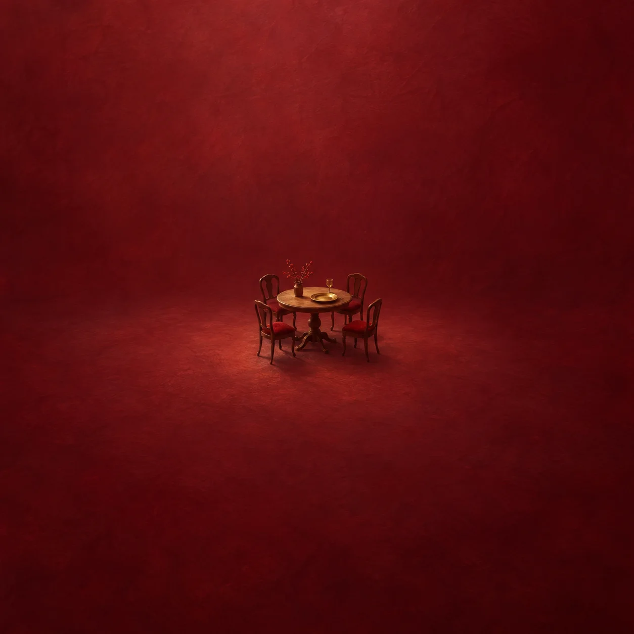 A small round table with four chairs and a single gold plate set at one place on a cranberry background.