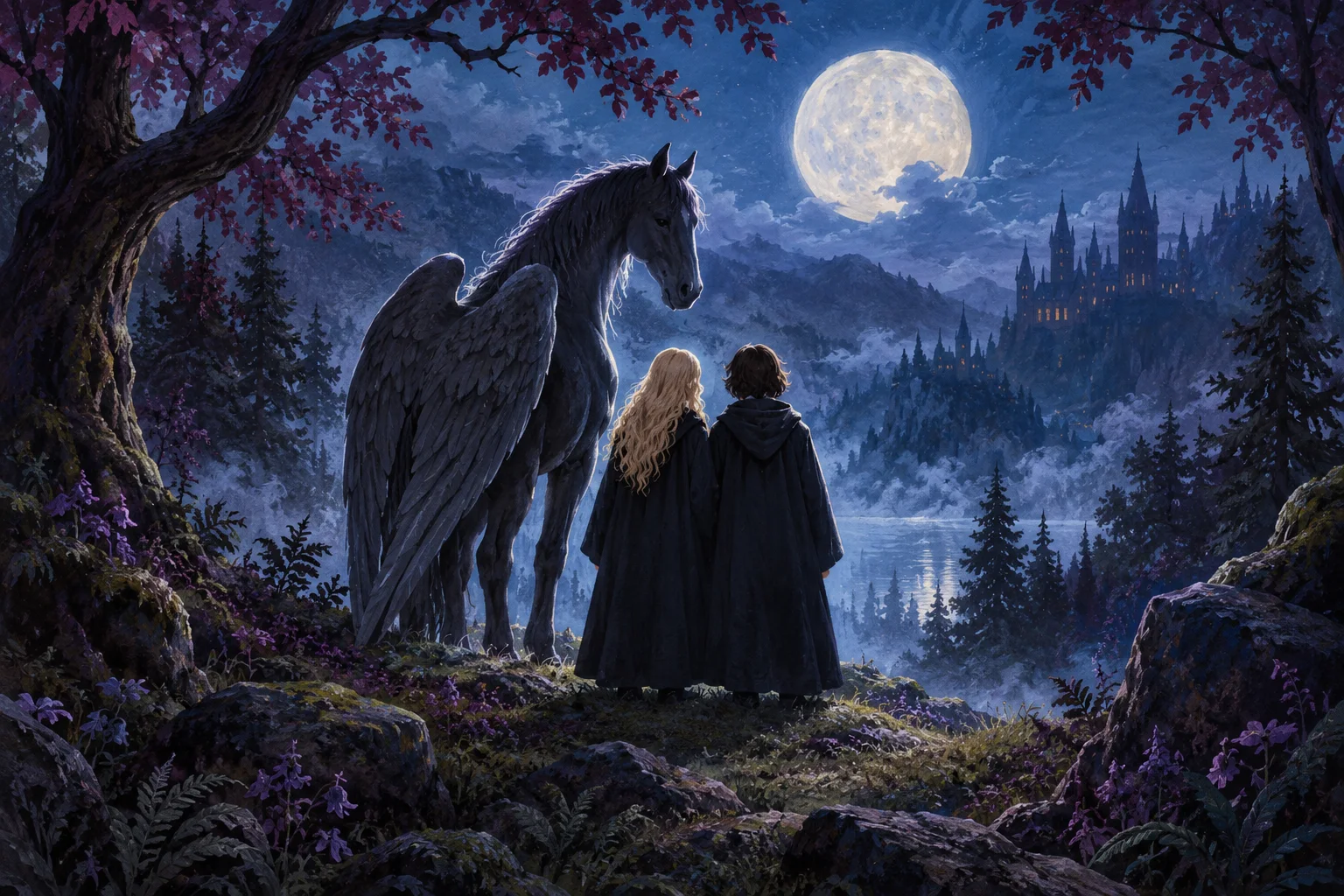 Two cloaked travellers stand beside a dark winged horse in a moonlit woodland overlooking a distant castle.