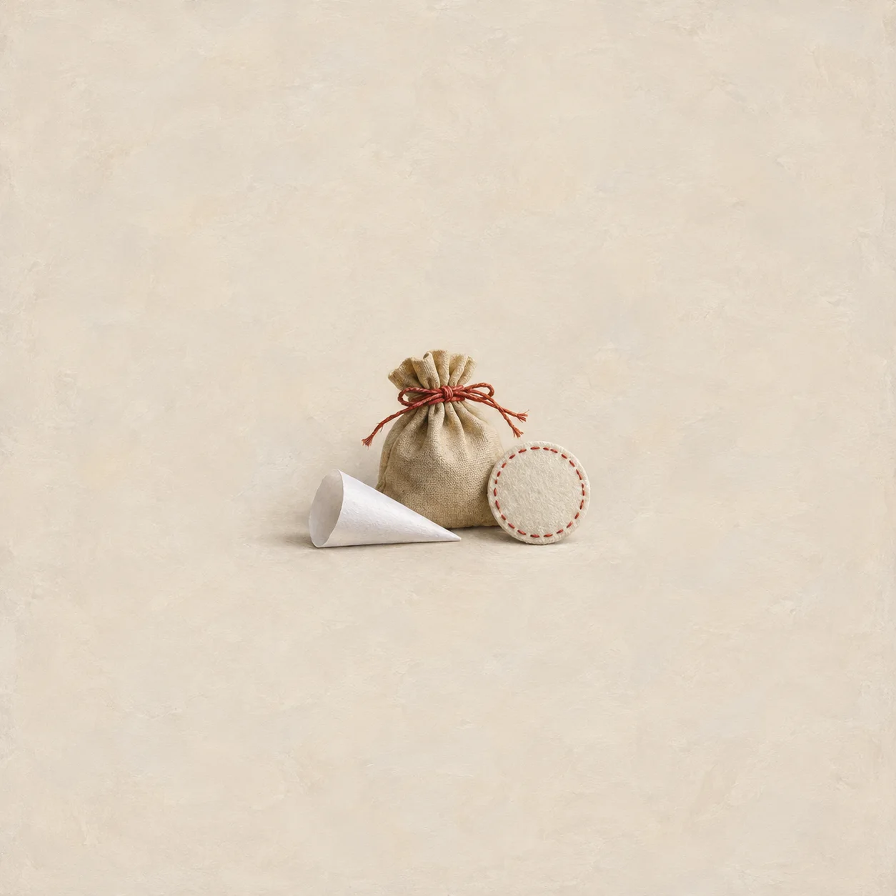A small cloth pouch tied with red string stands beside a folded white paper cone and a round stitched patch on cream ground.