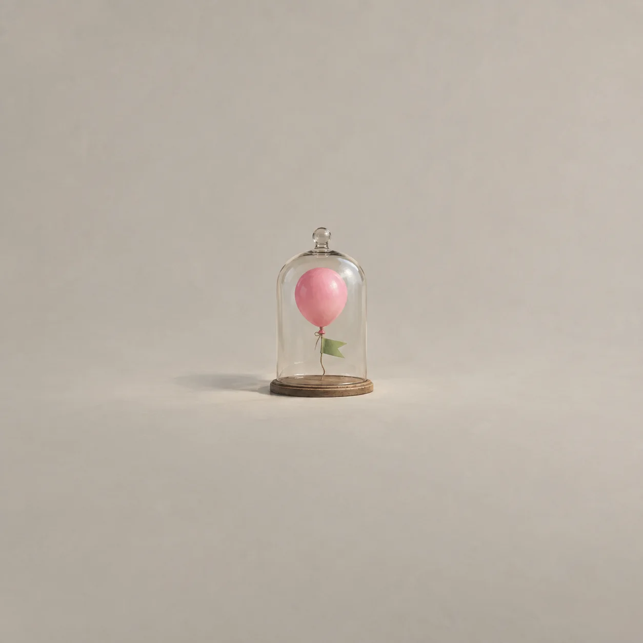 A pink balloon with a small green flag on its string beneath a glass bell jar.