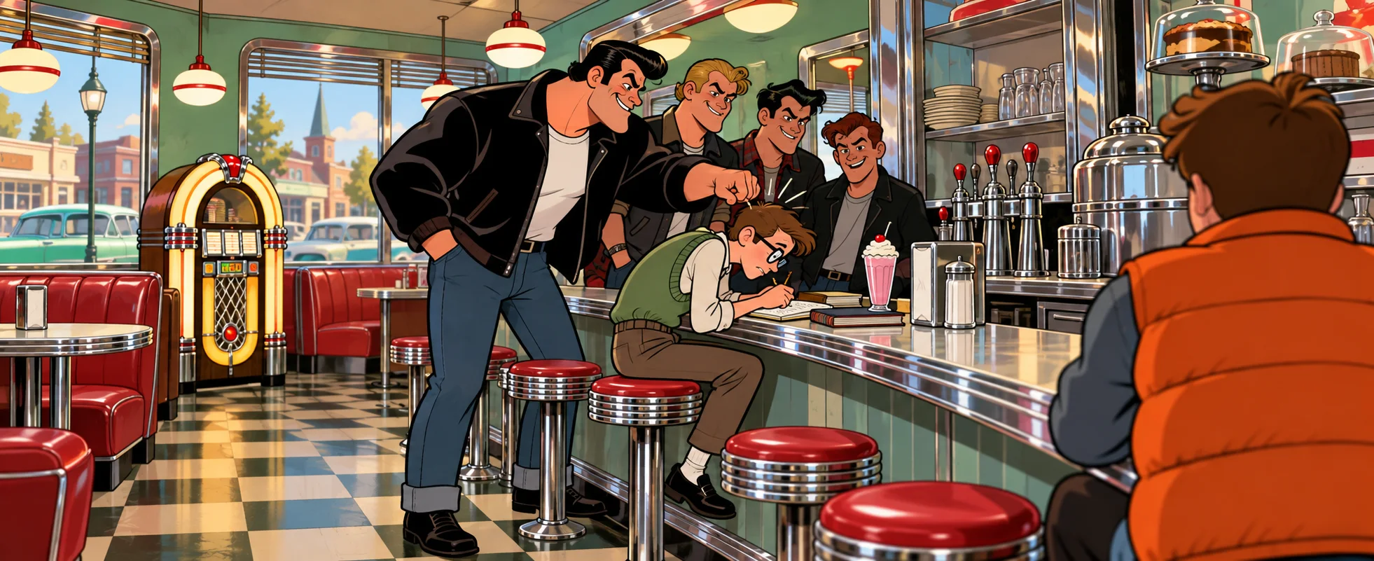 A 1950s diner with red stools and a jukebox: a big bully in a black jacket, his three grinning henchmen behind him, knocks his knuckles on the head of a skinny bespectacled boy bent over his homework at the counter, as a teenager in an orange body-warmer watches.