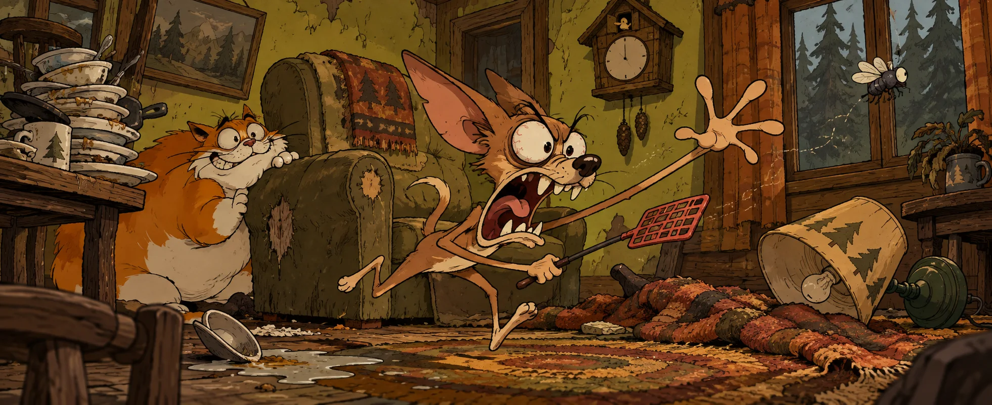 A scrawny, bug-eyed cartoon chihuahua lunges in a shriek of outrage across a messy cabin while a fat orange-and-white cat grins behind an armchair.