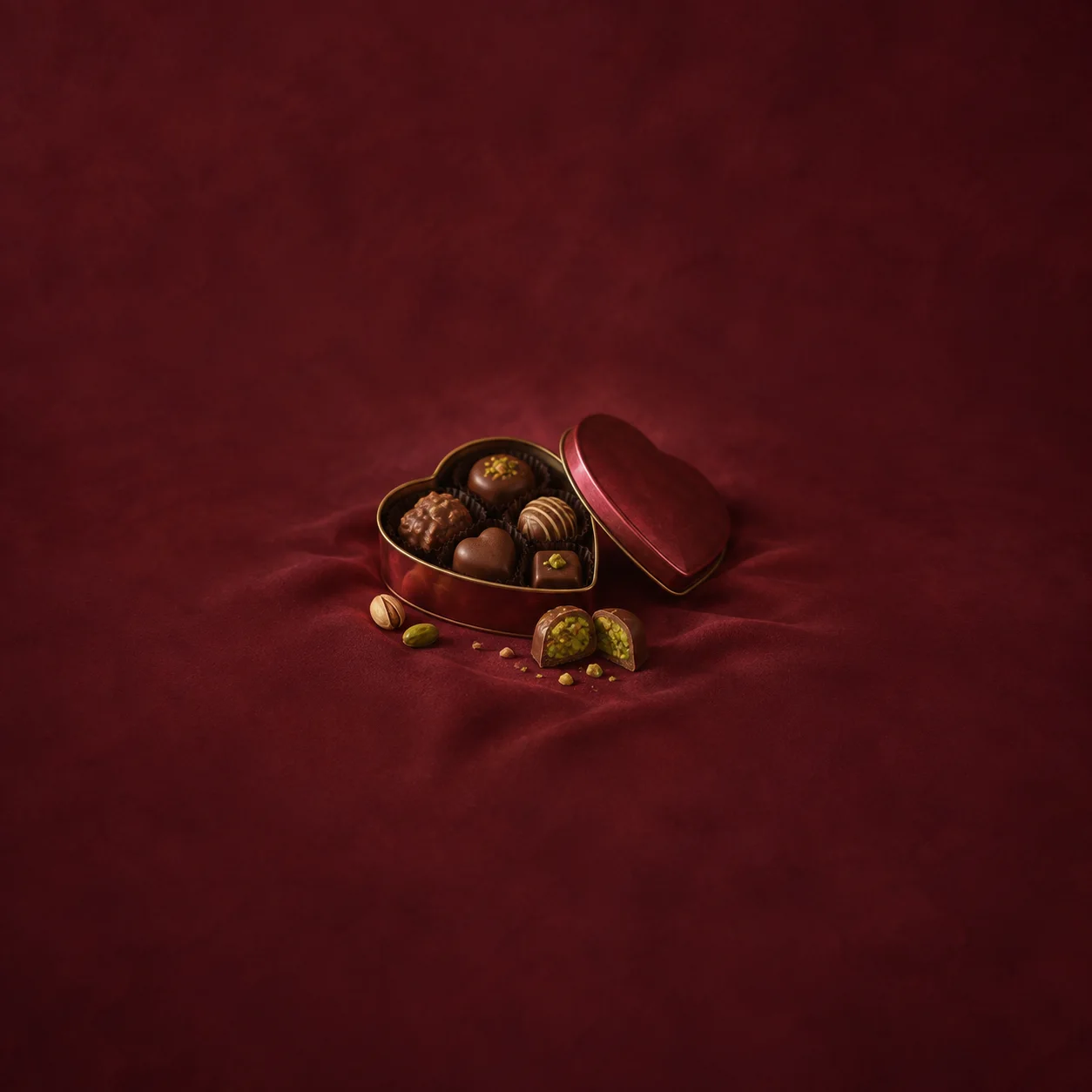 An open heart-shaped tin holds chocolates, with a cut piece showing a green centre on burgundy cloth.