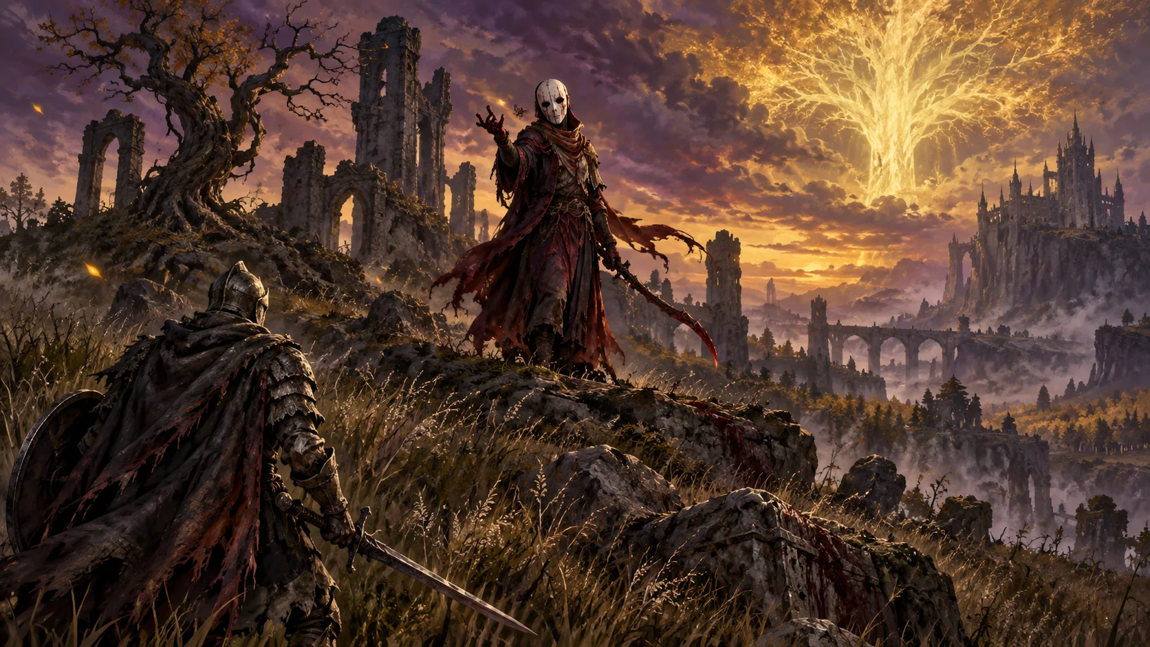 White Mask Varré, in a white mask and blood-red robes, raises a hand in mocking greeting on a grassy ridge of ruins as an armoured Tarnished approaches, the glowing golden Erdtree on the horizon.