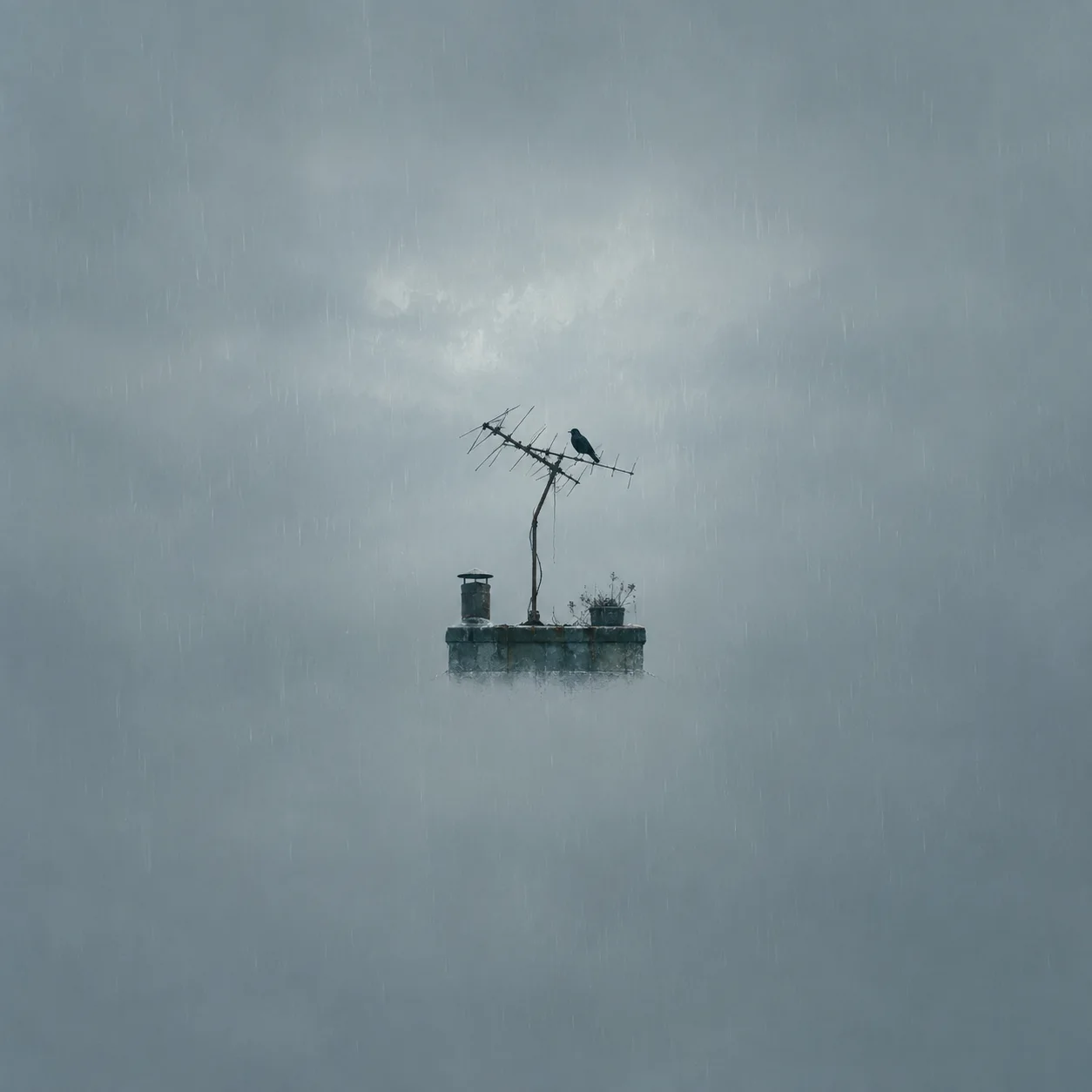Painterly bent rooftop antenna with a perched bird beneath a rainy grey sky.