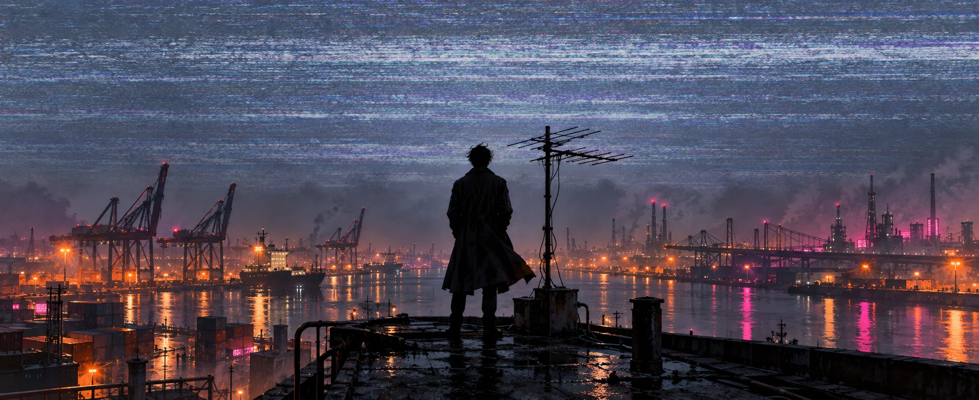 A figure in a long coat stands on a rooftop by an antenna under a static-grey sky over a neon-lit harbour of cranes.