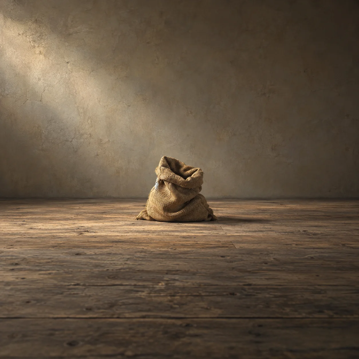 A crumpled burlap sack sits on worn wooden floorboards beneath a warm shaft of light.