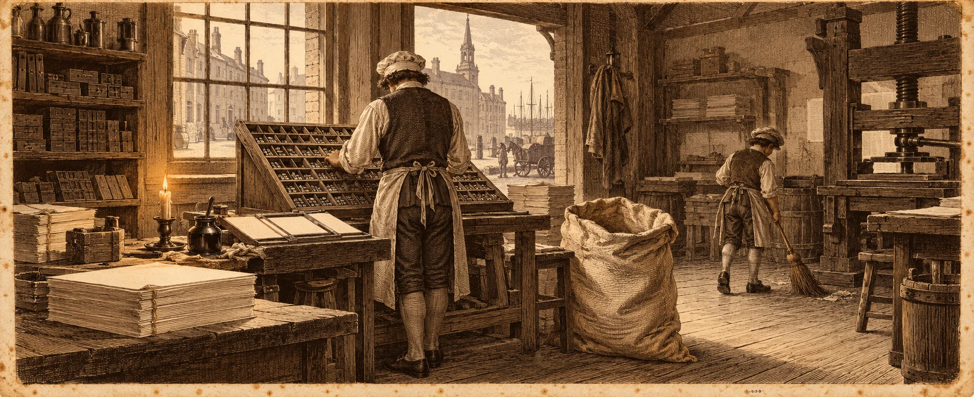 In an eighteenth-century print shop, a compositor in a leather apron sets type at a sloped case while an apprentice sweeps by a wooden press and a fat sack of paper, a church spire through the window.