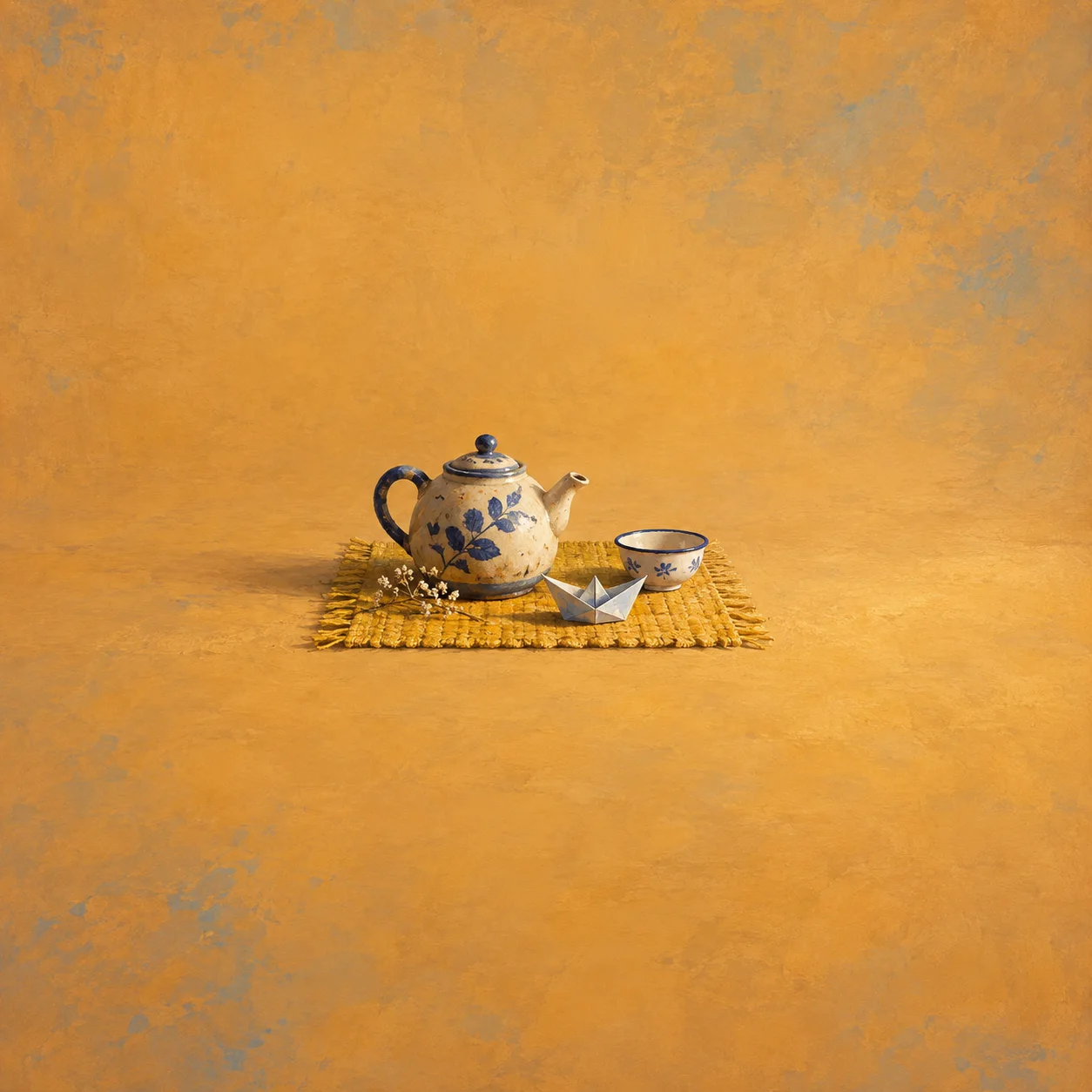 A ceramic teapot, small cup and paper boat on a saffron woven mat.