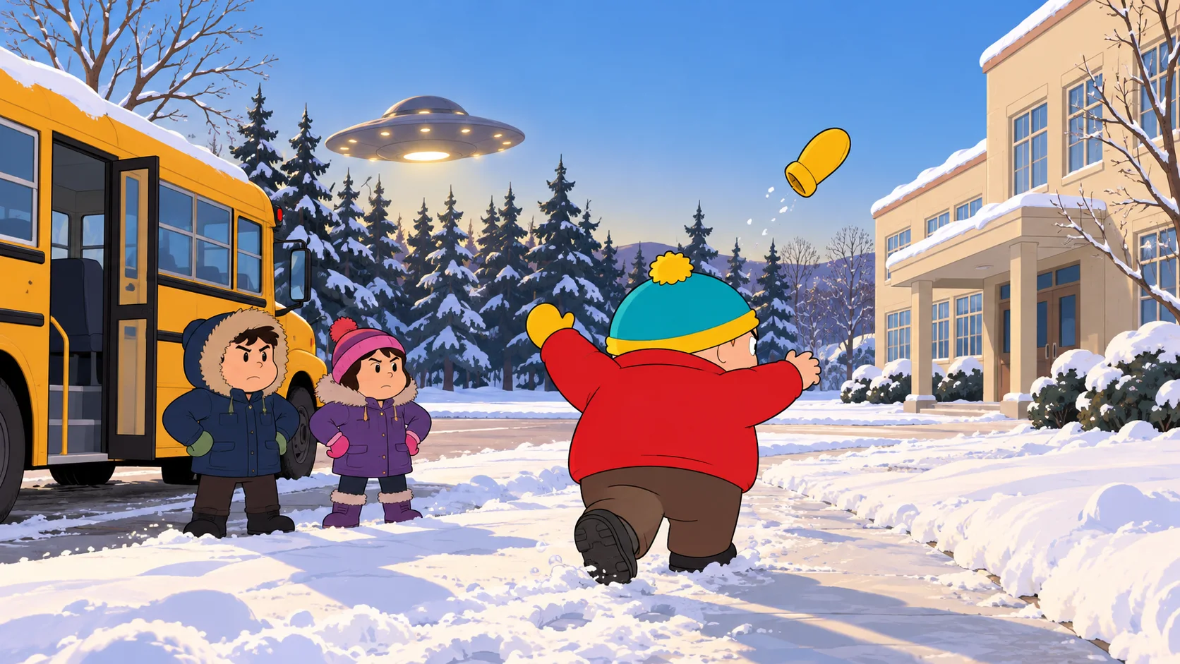 A heavy-set cartoon boy in a cyan hat and red coat stomps away from a school bus through the snow, a mitten flying, a flying saucer hovering over the pines.