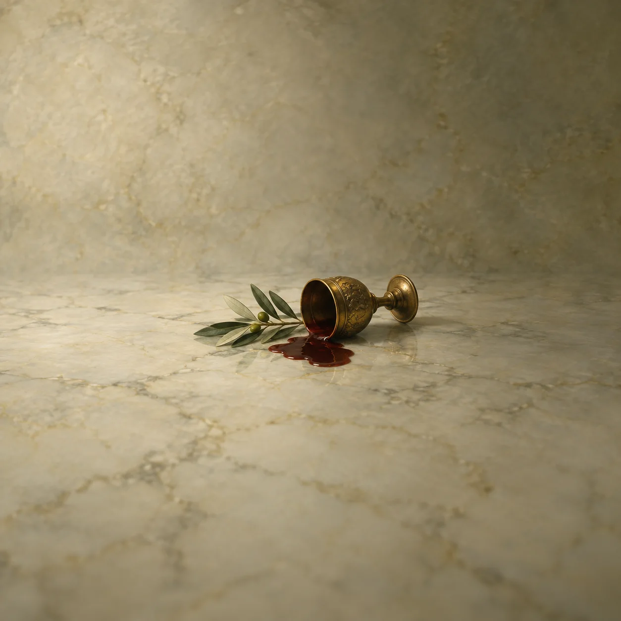 A tipped brass goblet spills dark liquid beside green leaves on pale marble.