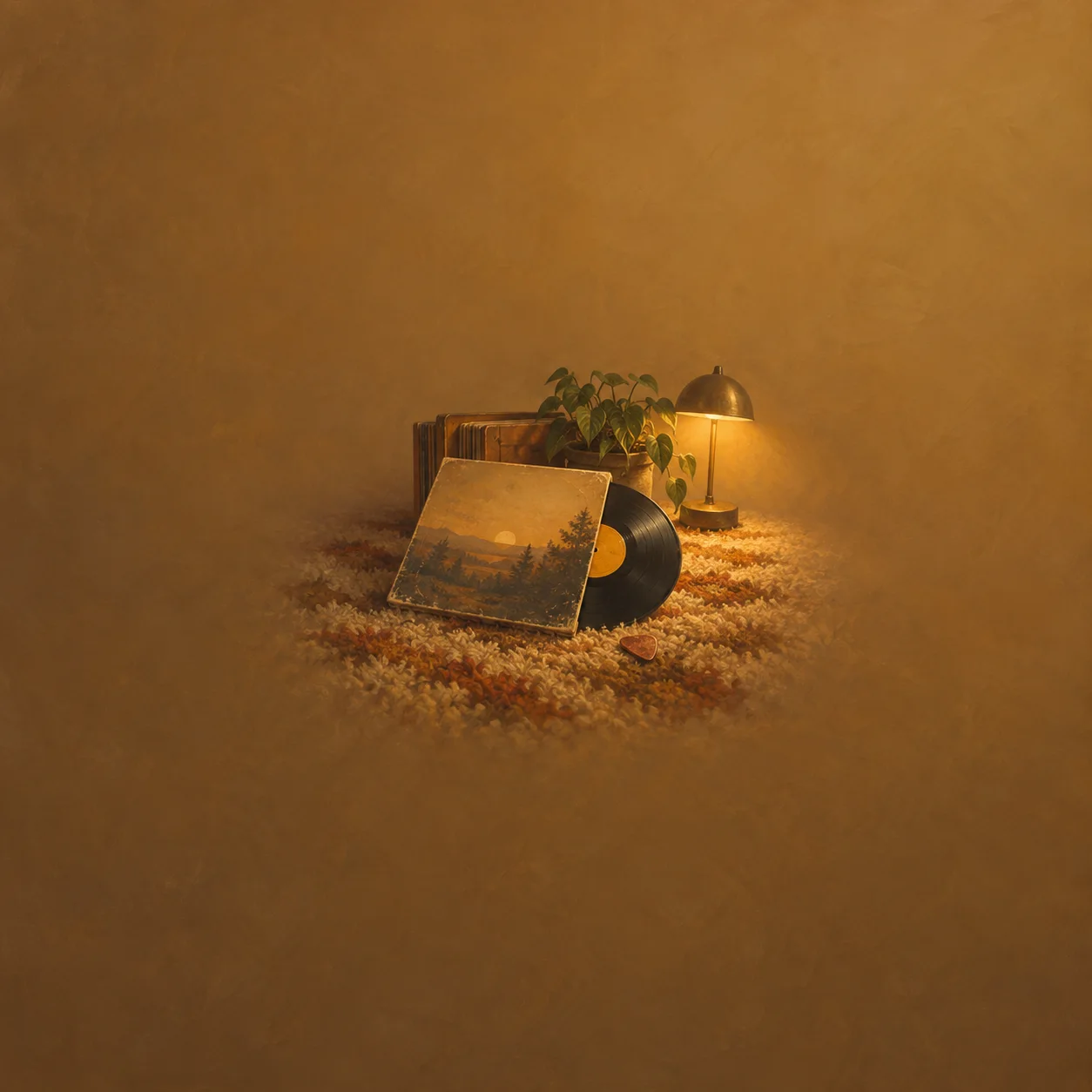 A vinyl record partly slides from an illustrated sleeve on a shag rug beside a guitar pick, plant and brass lamp.
