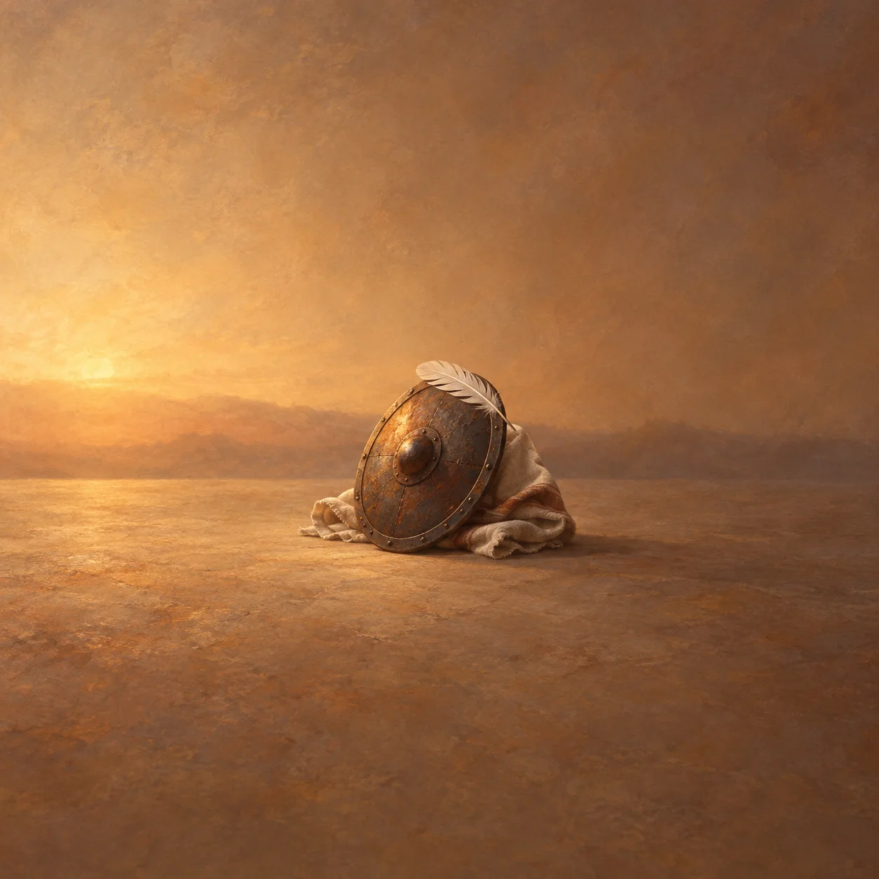 A weathered round shield rests against folded cloth with a white feather along its rim in warm dawn light.