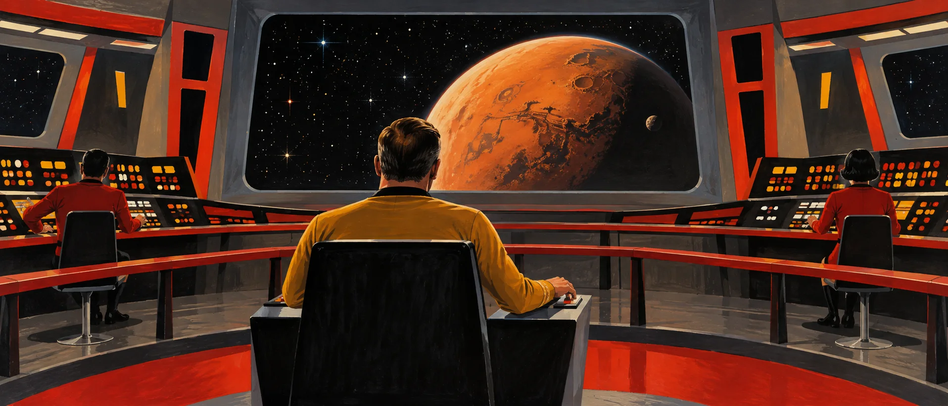 A captain in a gold tunic, seen from behind in his command chair, records a log as an orange planet fills the viewscreen of a 1960s starship bridge.