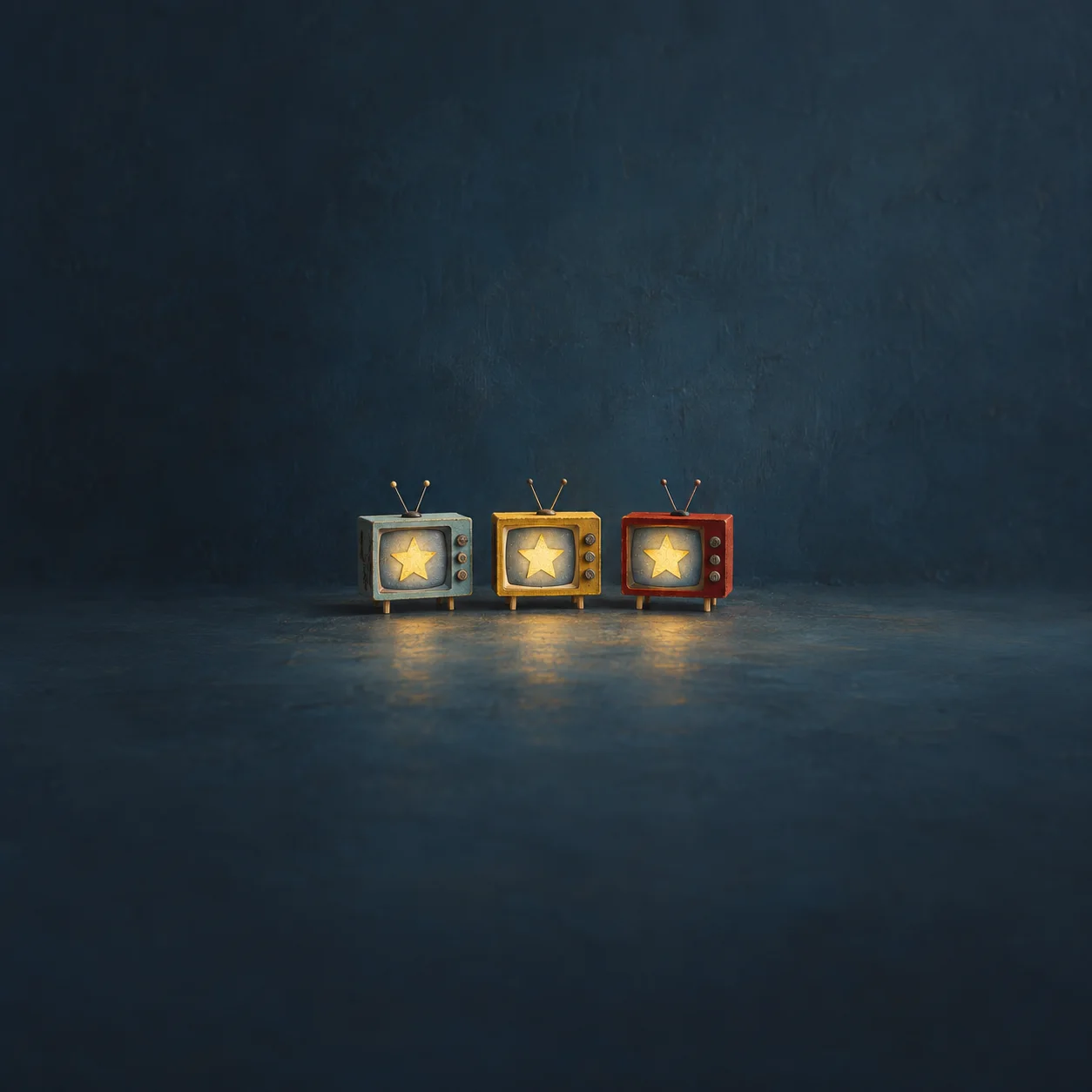 Three miniature televisions in a row, each displaying a yellow star against a dark blue background.