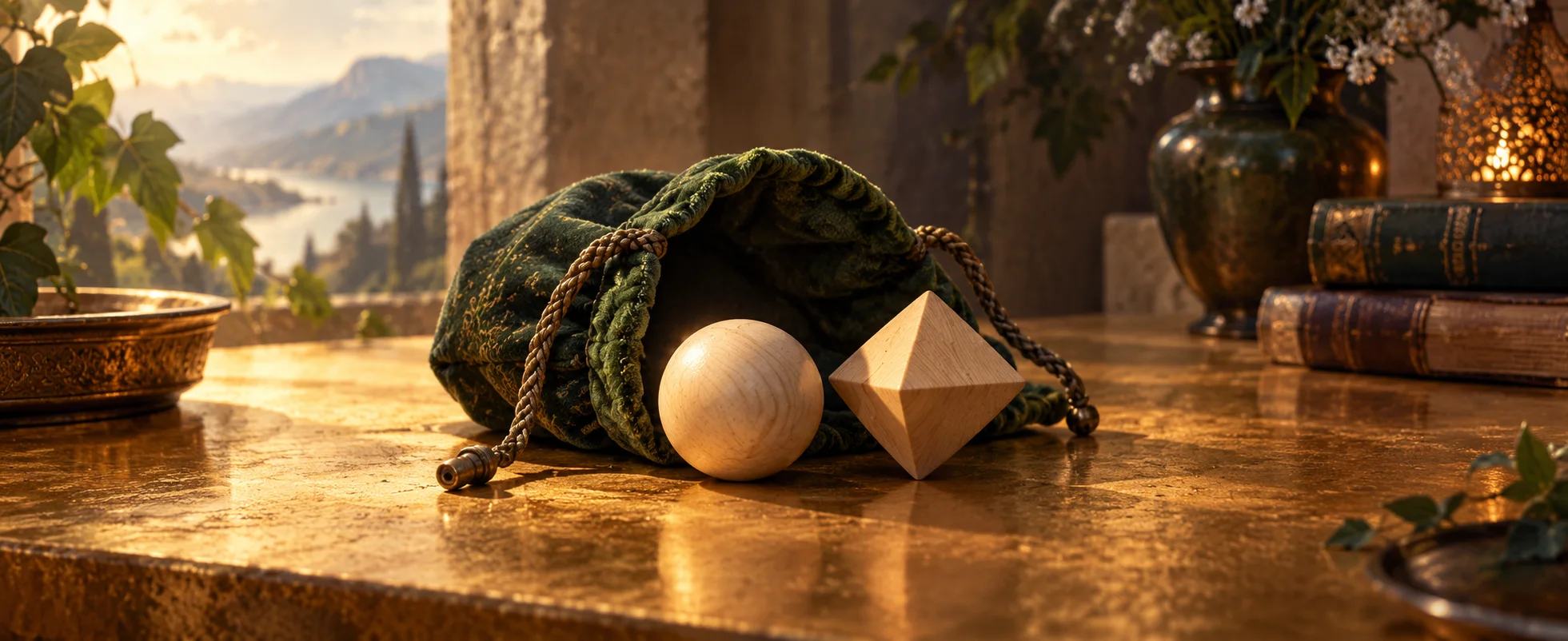 Two differently shaped pale wooden tokens rest beside an open green cloth pouch on a golden table.