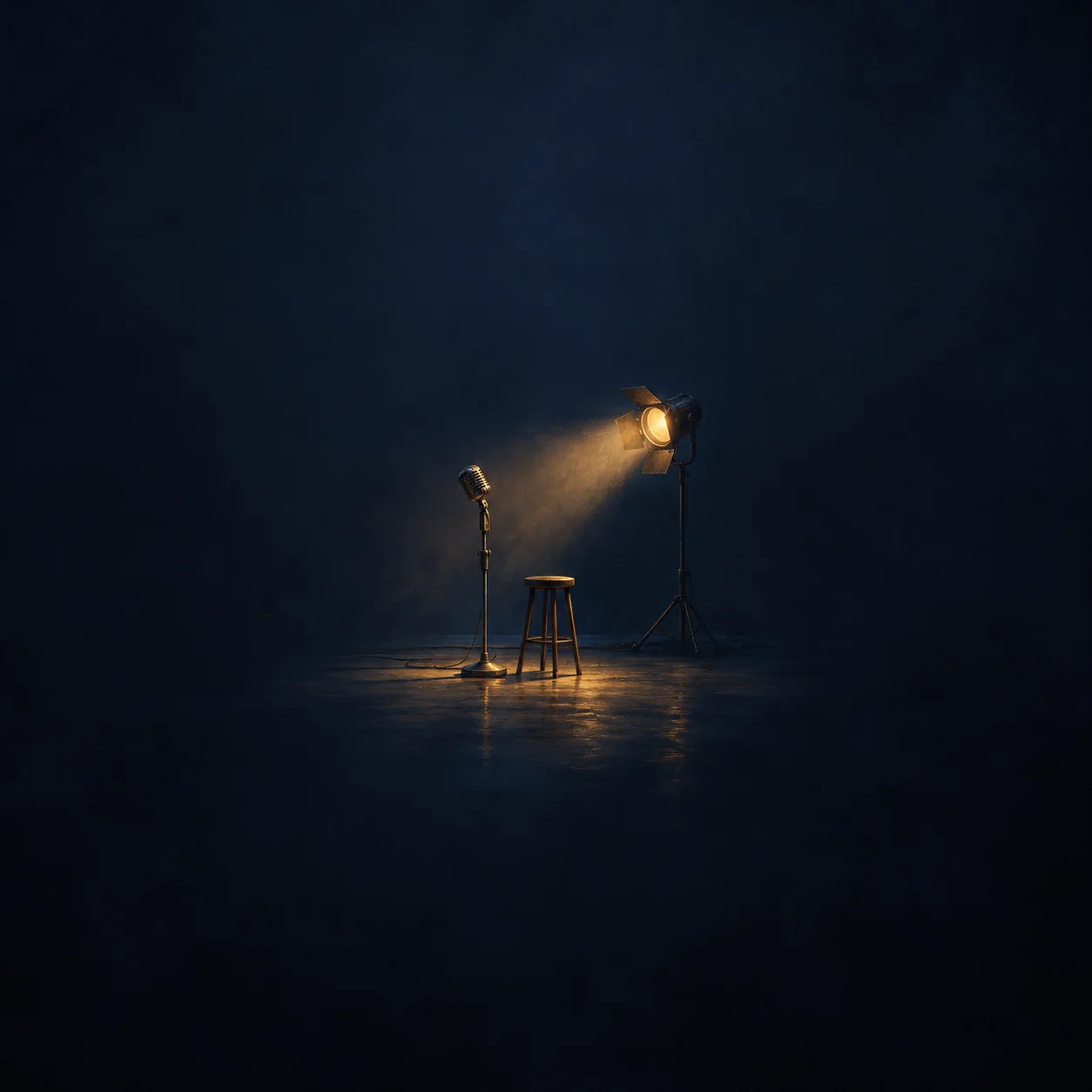 Painterly vintage microphone, empty wooden stool and glowing stage light against dark navy.