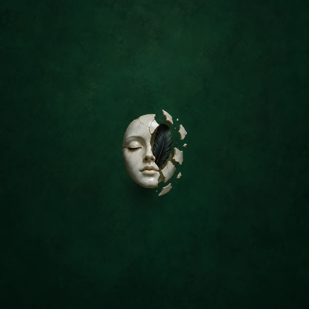 A pale porcelain mask breaks apart to reveal a dark feather against a deep green background.