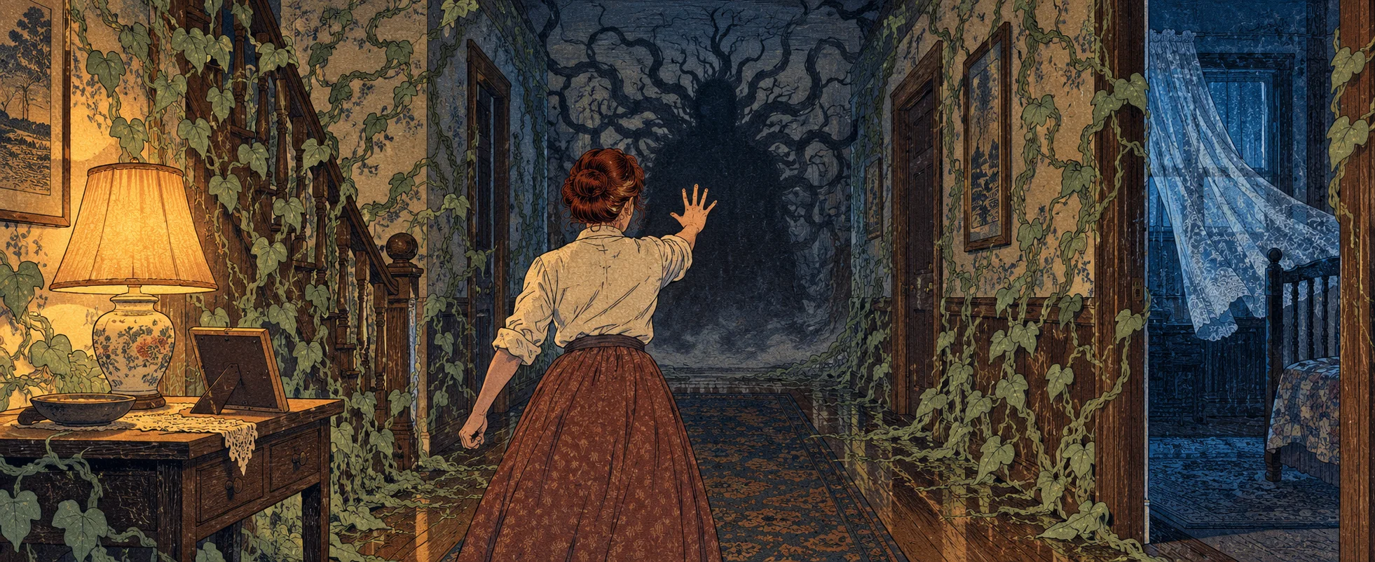 A woman in a blouse and long skirt walks down a vine-choked hallway, reaching toward a dark, writhing mass at the far end.