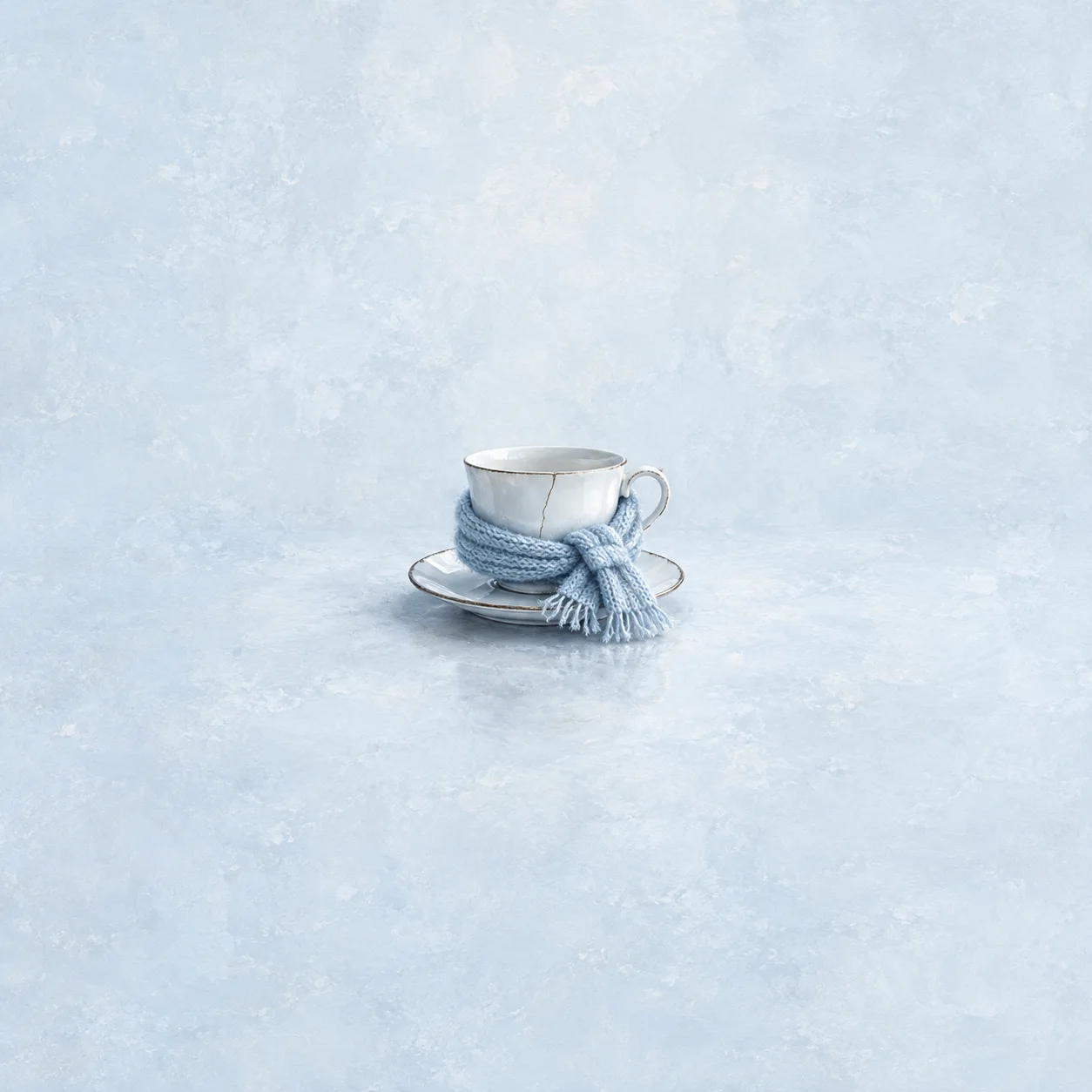 A white porcelain teacup wrapped in a small pale blue scarf on a white saucer.