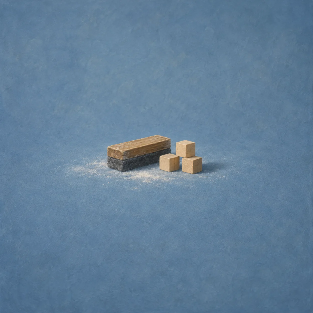 A wooden chalkboard eraser rests beside three plain wooden blocks and white chalk dust on blue ground.
