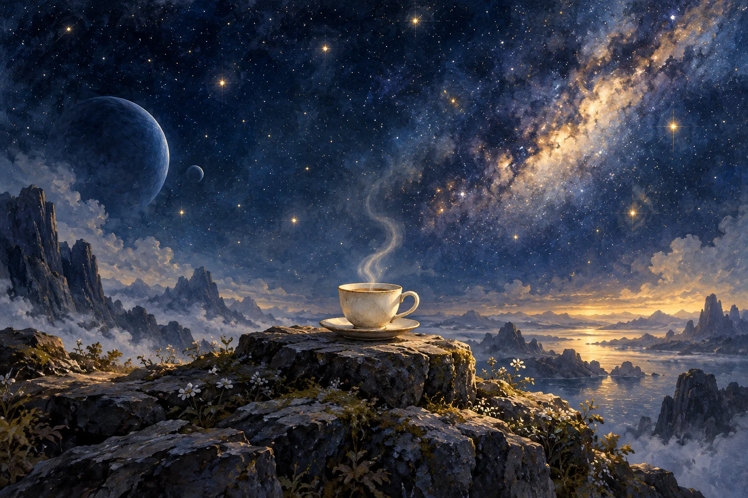 A steaming ivory cup and saucer rest on a rocky ledge beneath a star-filled blue sky and glowing nebula.