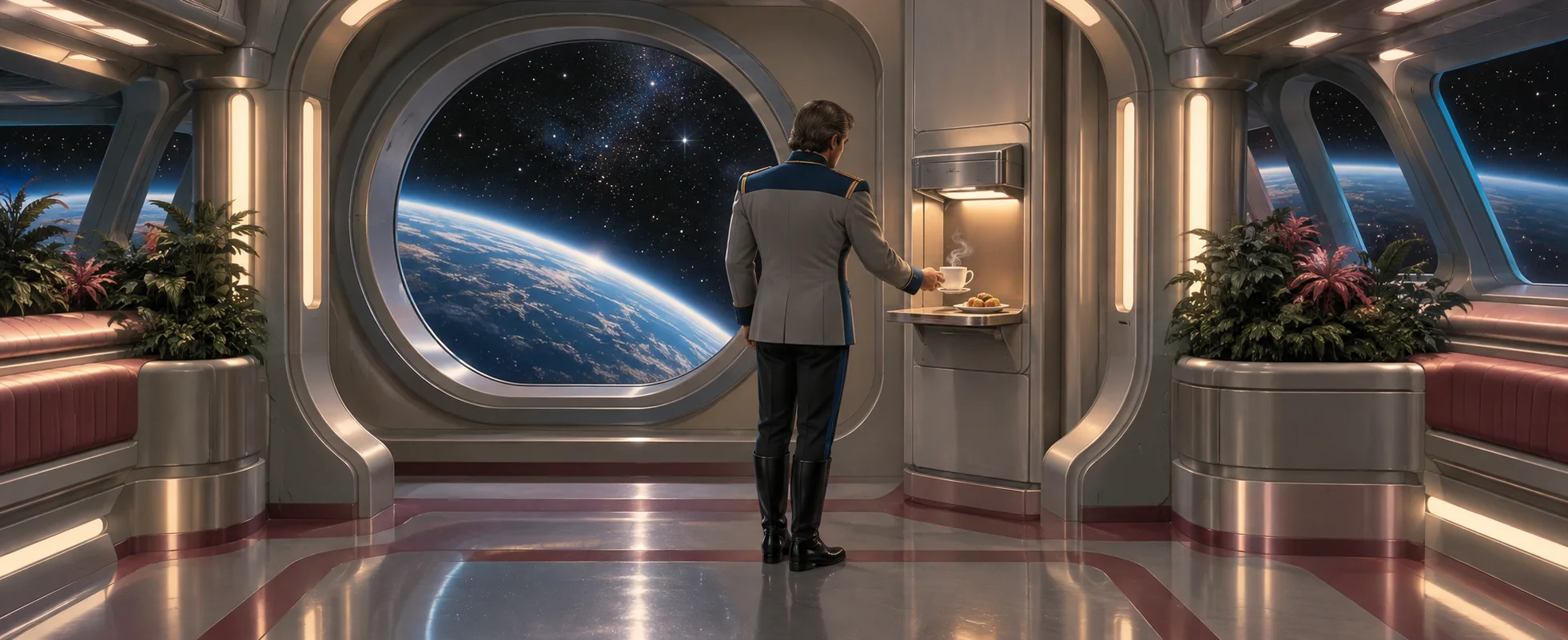 A starship captain stands at a wall replicator beside a round window onto a blue planet, a steaming cup of tea on the panel.