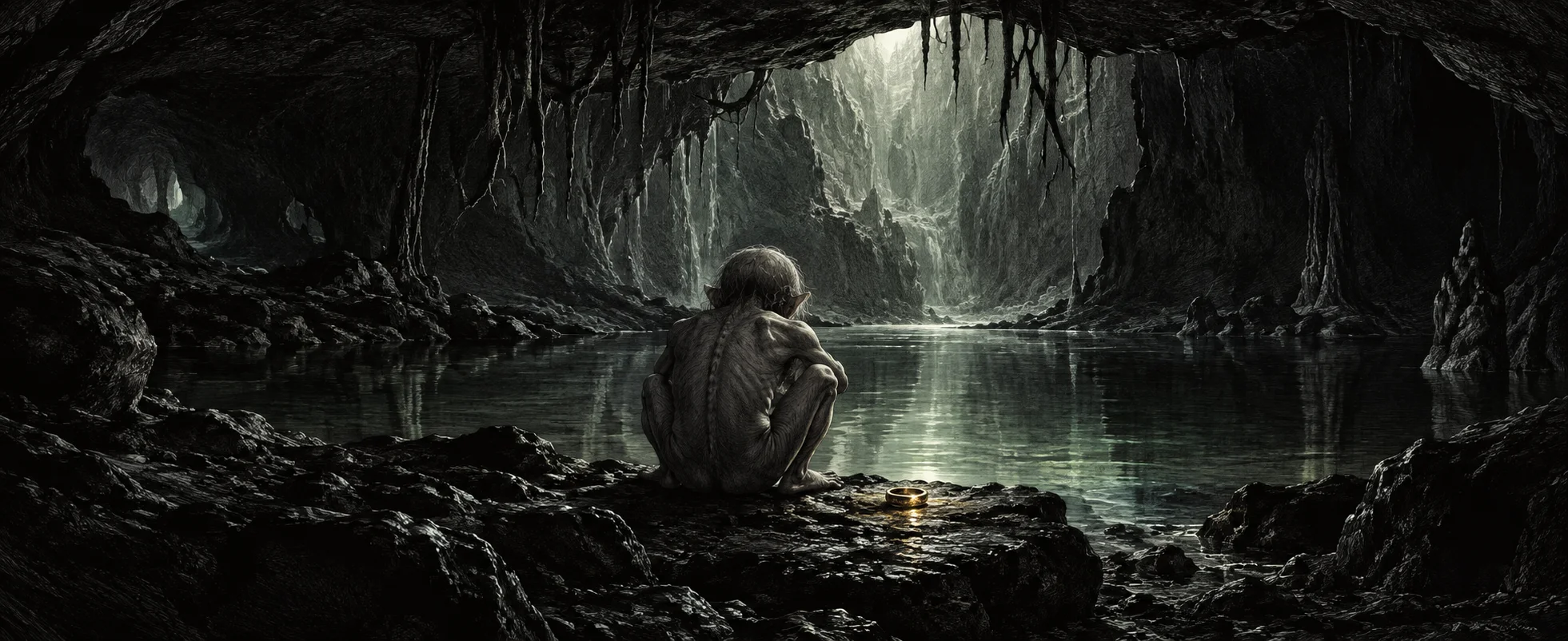 A small pale hunched creature crouches by a still underground pool in a dark cave.