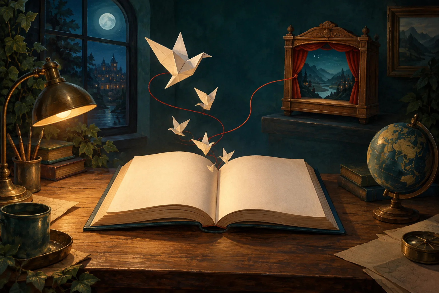 Paper birds and a red thread rise from a blank open book beside a small wooden theatre with a landscape backdrop.