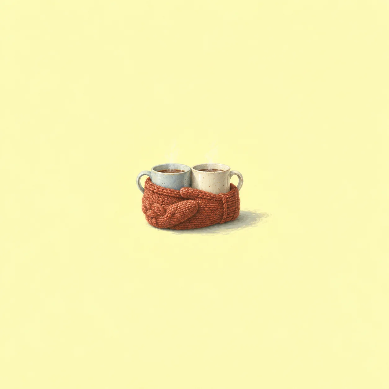 Two ceramic mugs sit close together inside a rust-coloured knitted mitten against pale yellow.