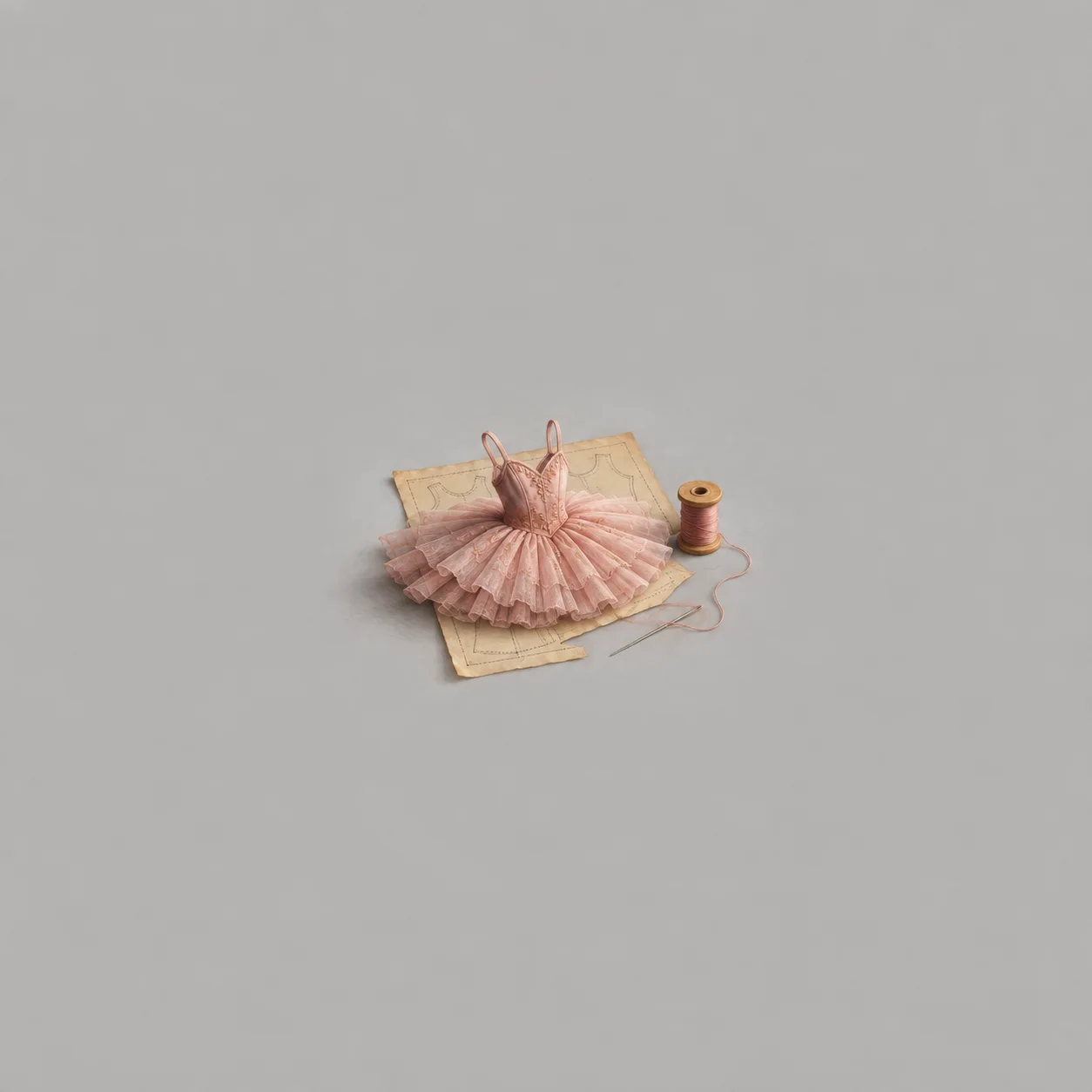 A small pink tutu lies on a paper sewing pattern beside a wooden spool and loose thread.