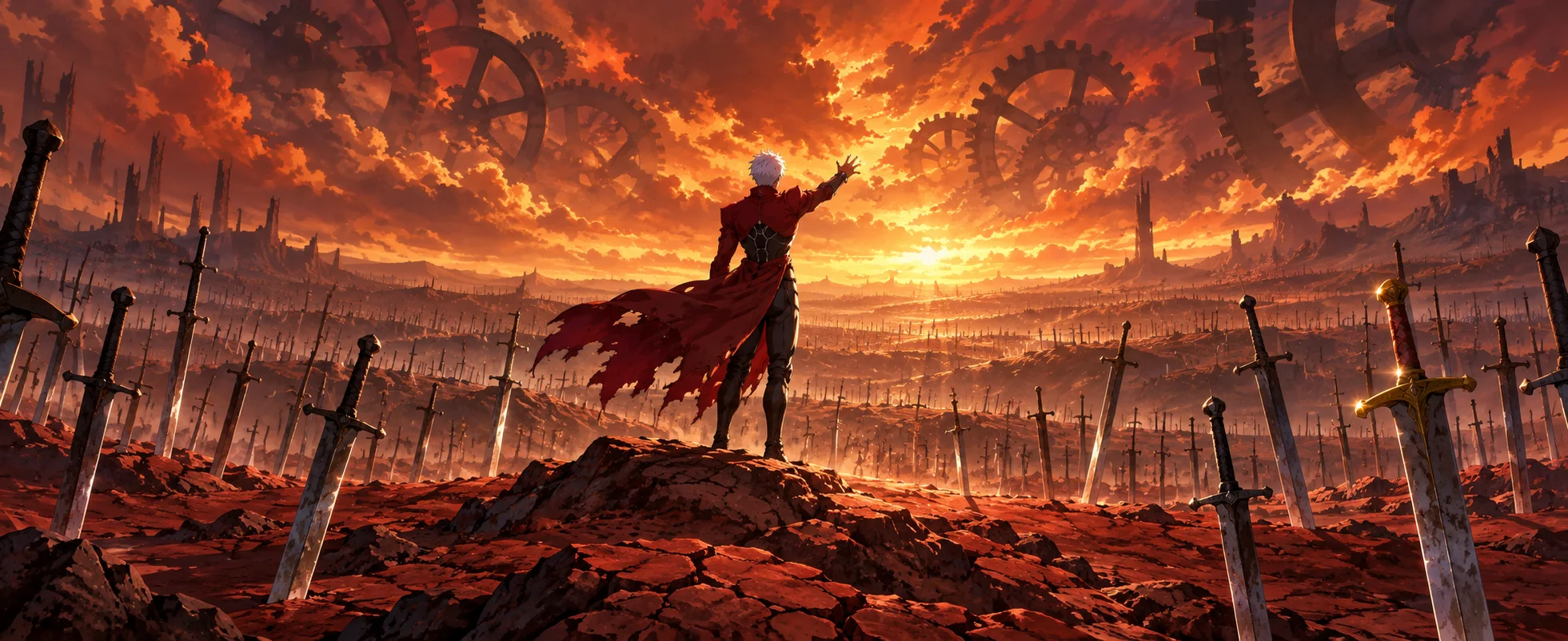 A white-haired figure in a torn red cloak raises an arm over an endless field of swords planted in red earth beneath a burning sky full of gears.