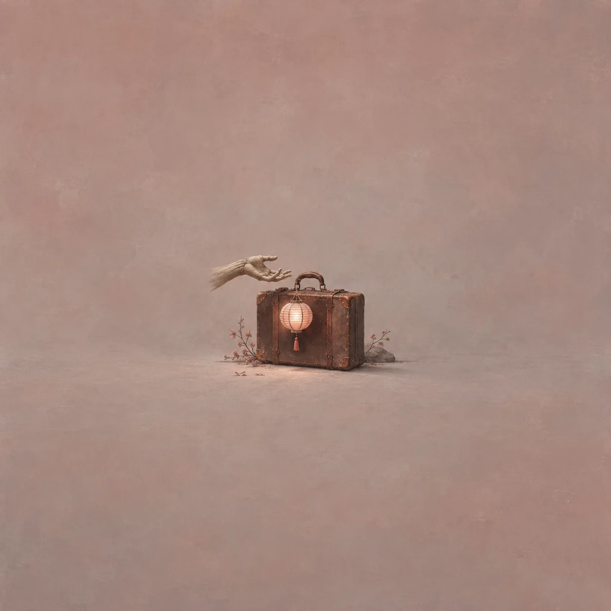 A worn suitcase with a small glowing lantern in front and a carved wooden hand reaching toward its handle.