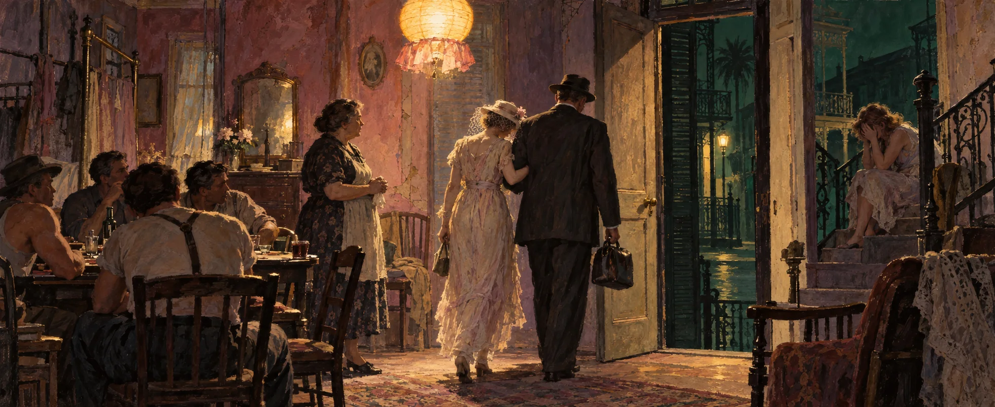 A faded woman in a pale dress takes a doctor's arm as she is led out of a cramped New Orleans flat while the poker players sit frozen and her sister weeps.