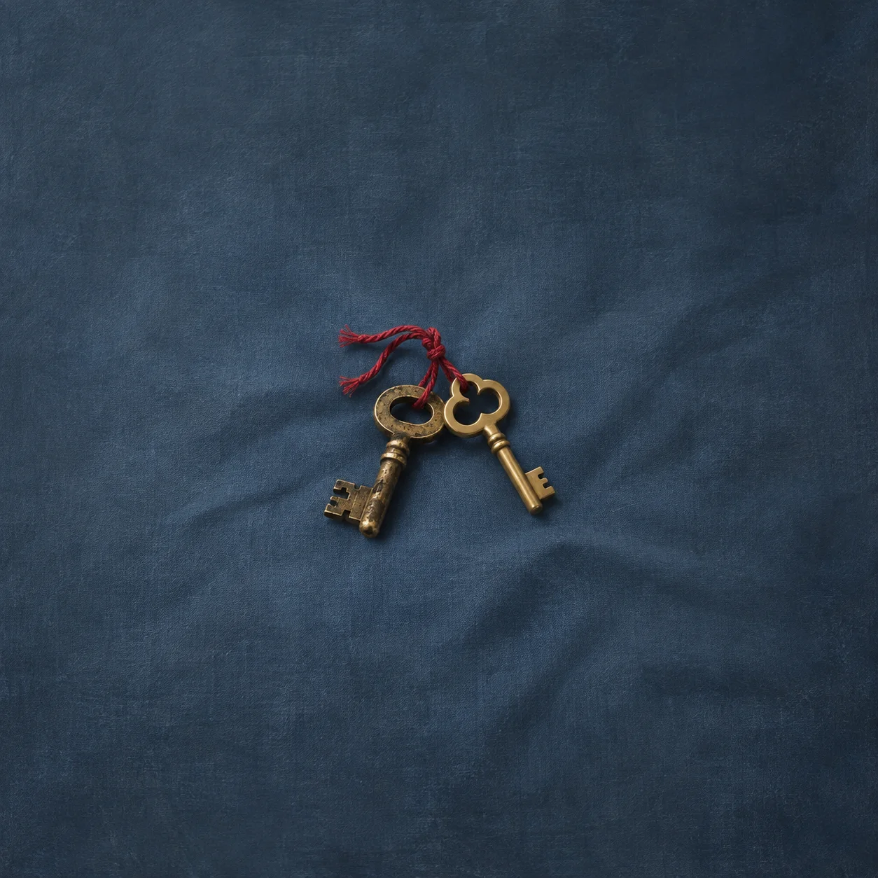 Two brass keys joined with red thread lie on blue cloth.