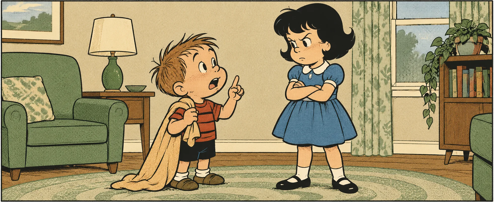 Newspaper-strip illustration: a small boy trailing a blanket points a finger upward in protest at a scowling girl in a blue dress with folded arms, in a cosy 1950s-style living room with a green armchair and a patterned rug.