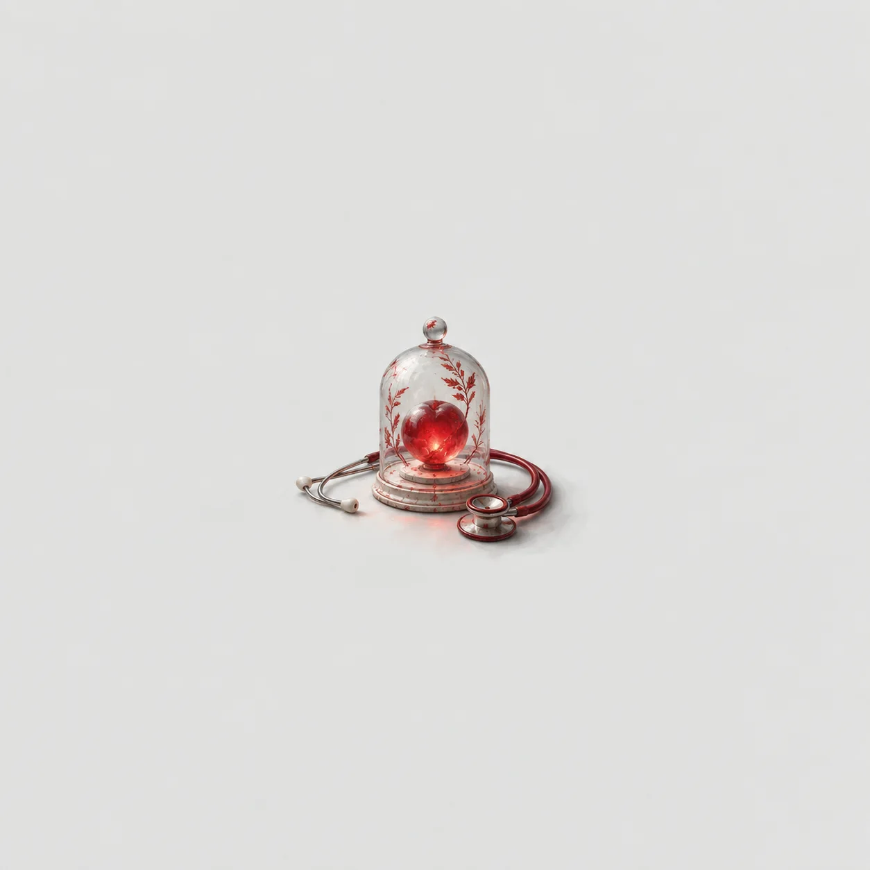 A glass dome over a glowing red orb with a coiled stethoscope beside it.