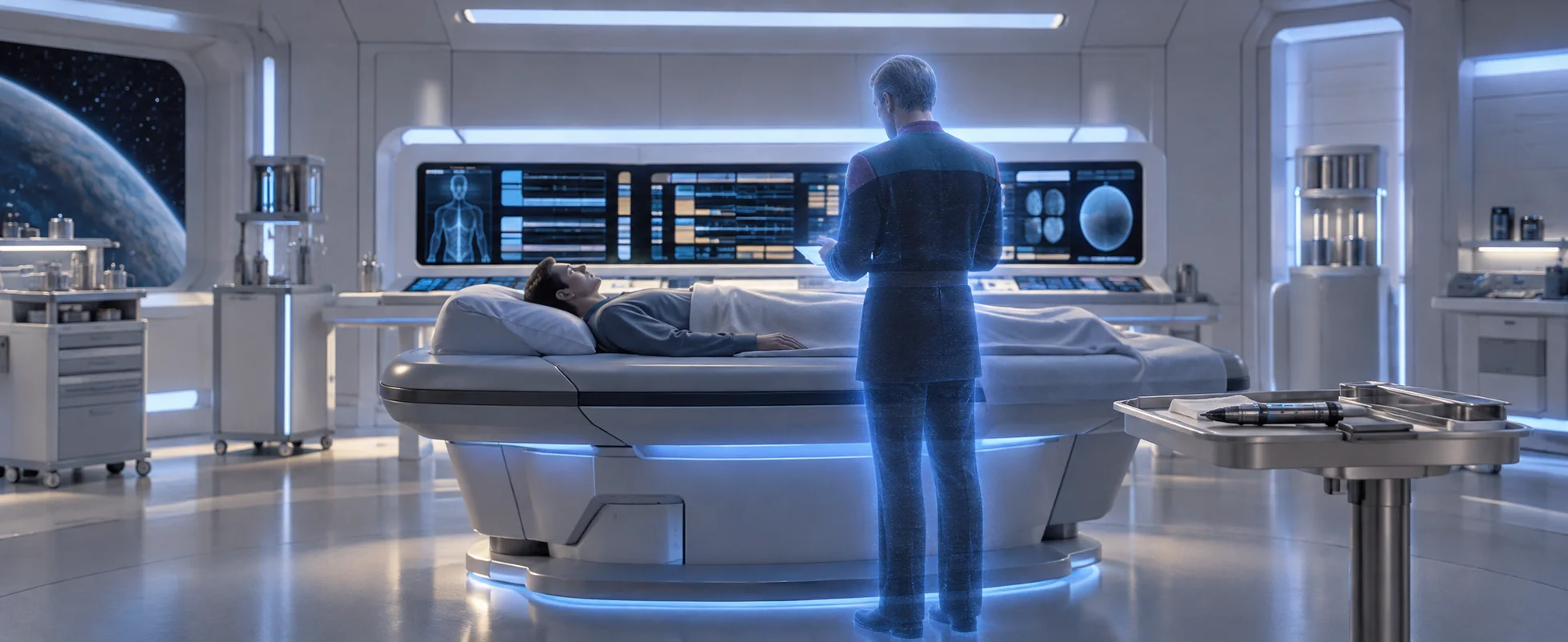 A translucent holographic doctor stands beside a patient on a biobed in a bright white starship sickbay.