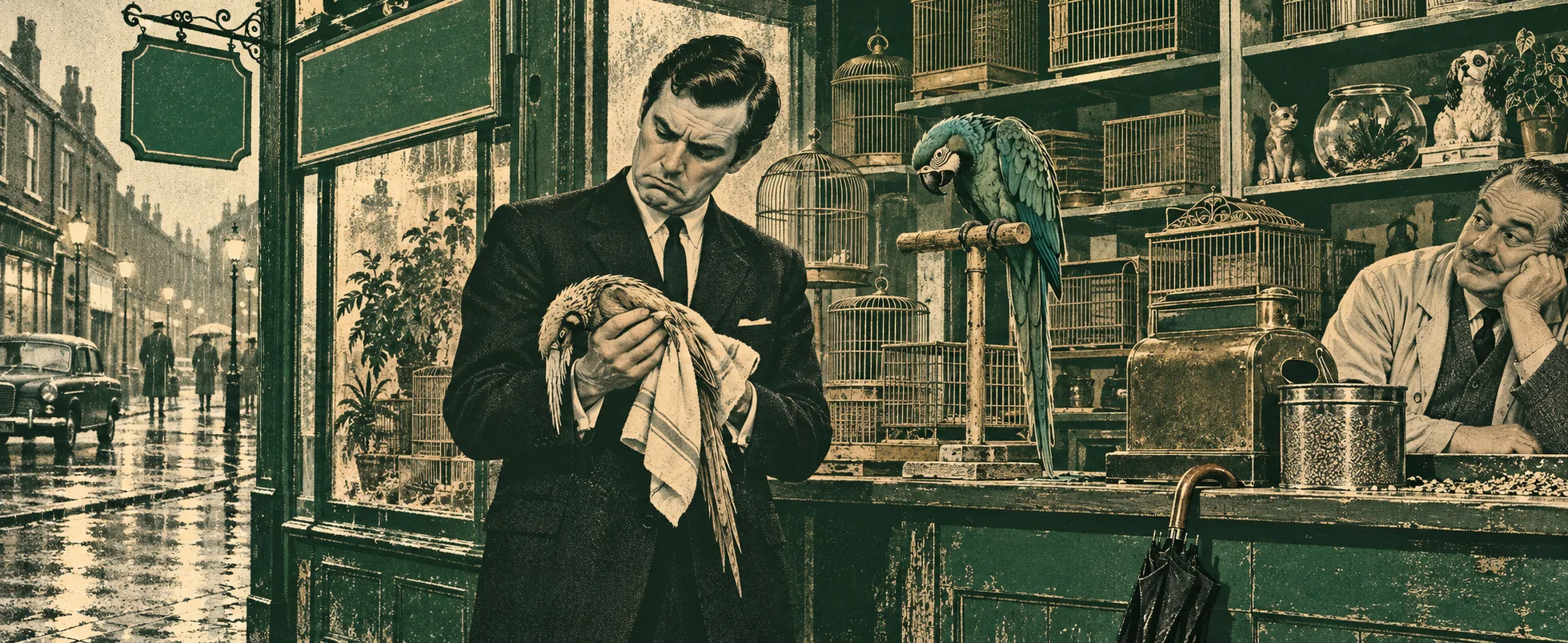 In a green-tinted pet shop on a rainy street, a man in a dark suit stares at a limp parrot in a cloth while the shopkeeper leans on the counter beside a blue parrot on its perch.
