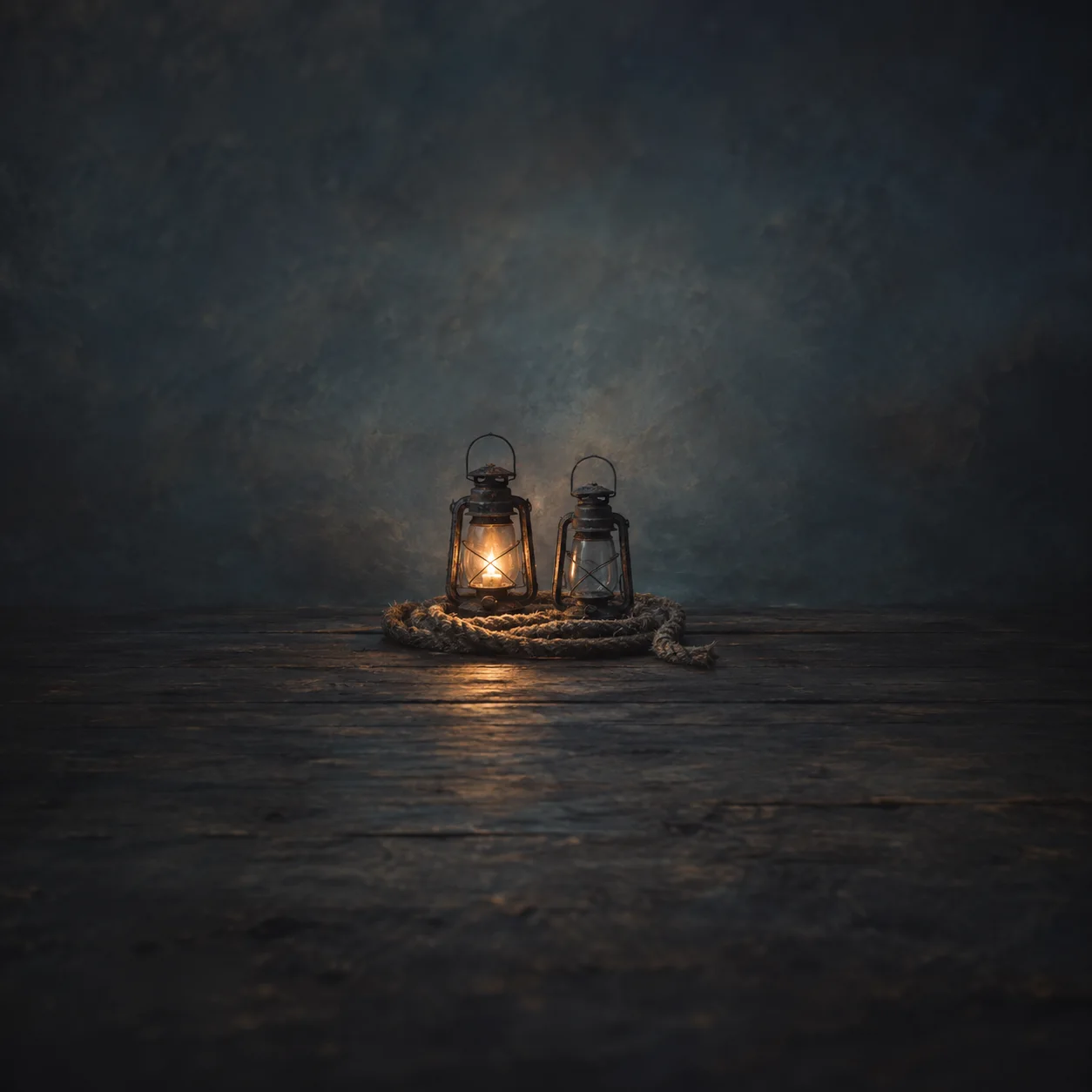 One of two small lanterns glows warmly beside an unlit lantern on coiled rope and dark wooden boards.