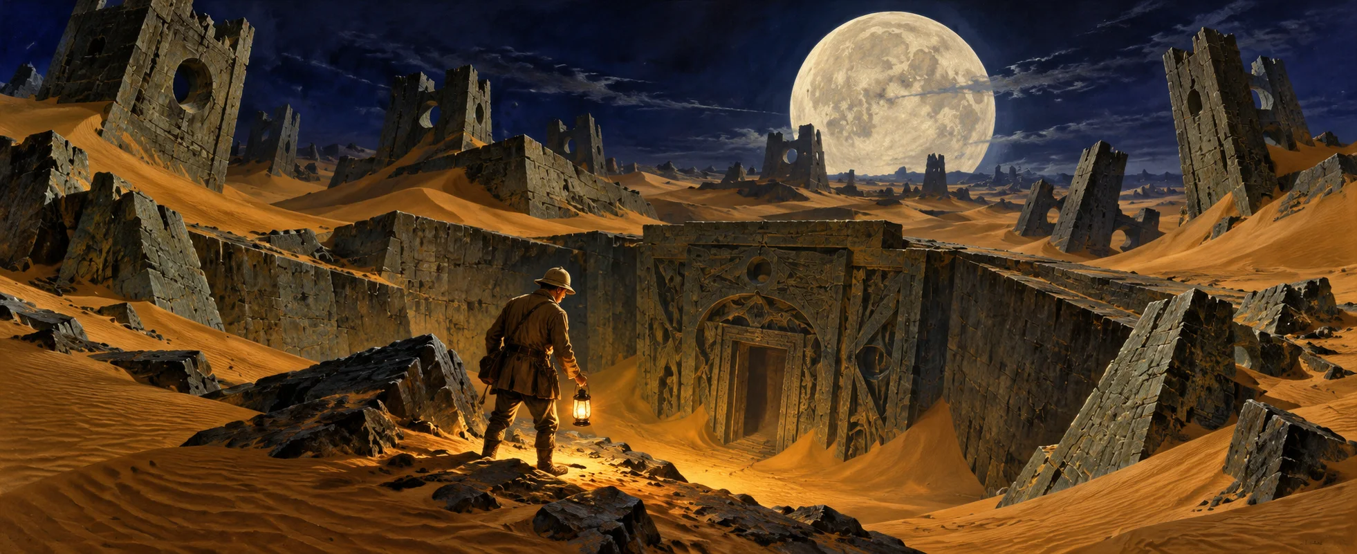 An explorer with a lantern stands at the edge of a sunken courtyard among huge sand-buried ruins under a full moon.