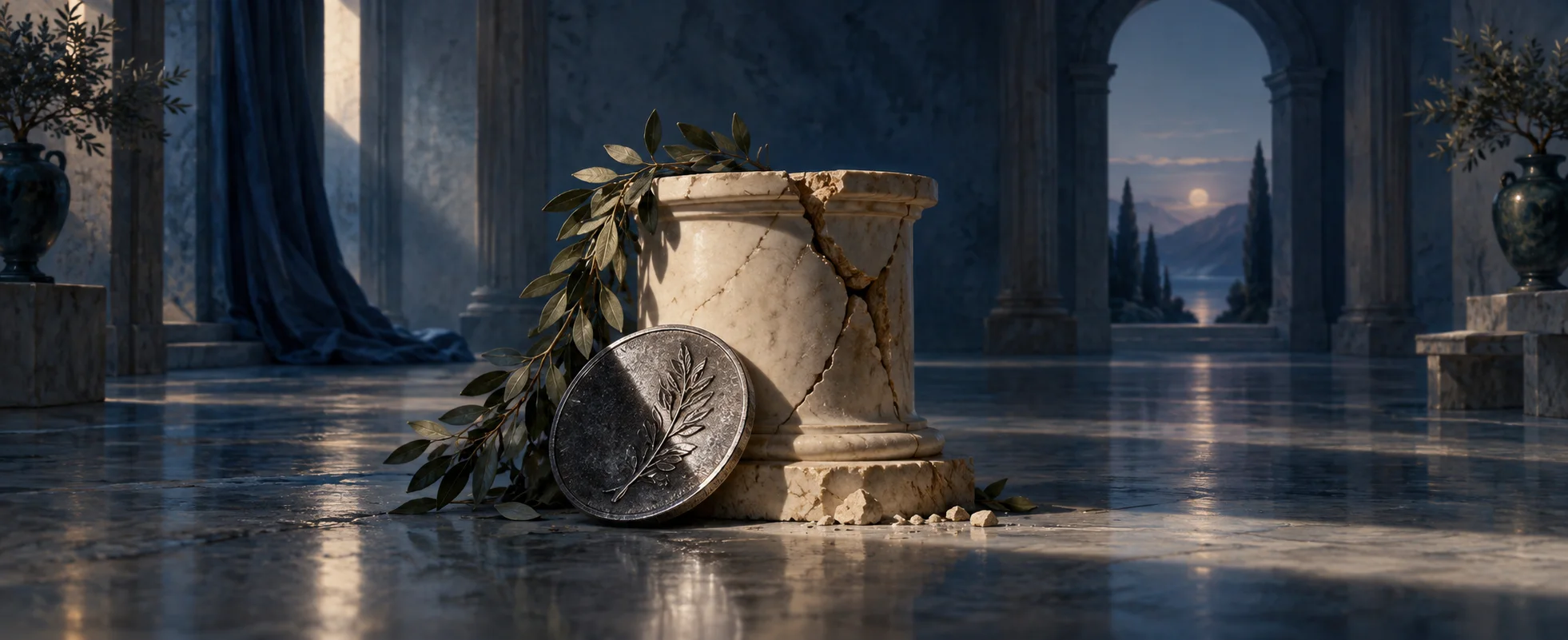 A silver coin leans beside a cracked cream pedestal in a quiet blue hall.