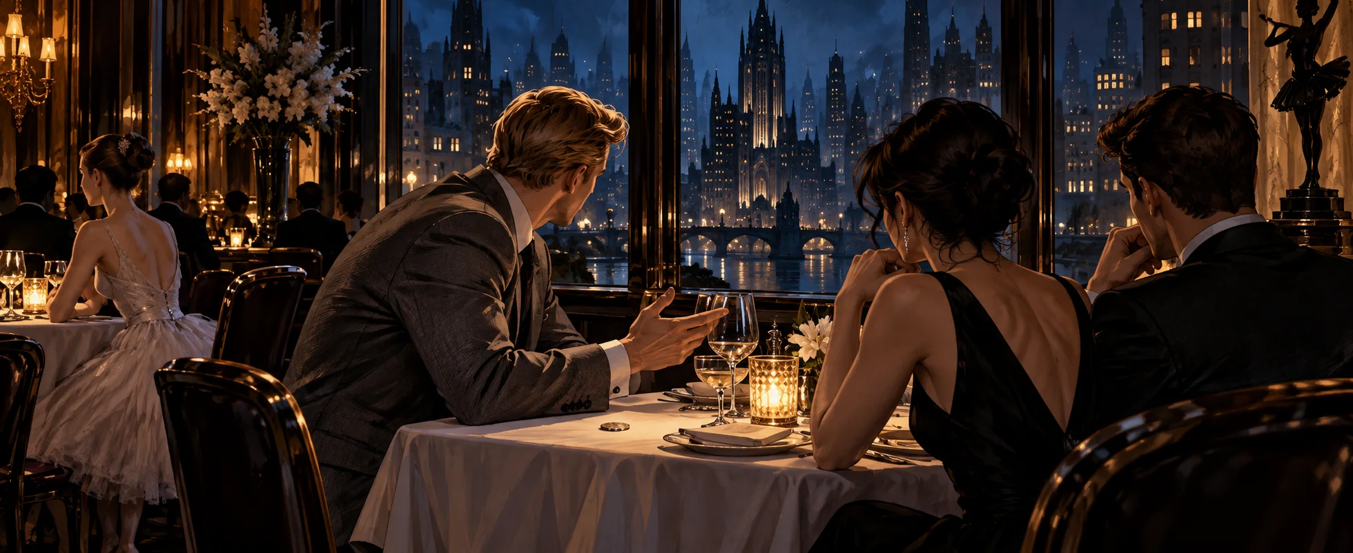 A fair-haired man in a grey suit leans forward mid-argument at a candlelit restaurant table with a dark-haired woman and a young man, a city skyline beyond.
